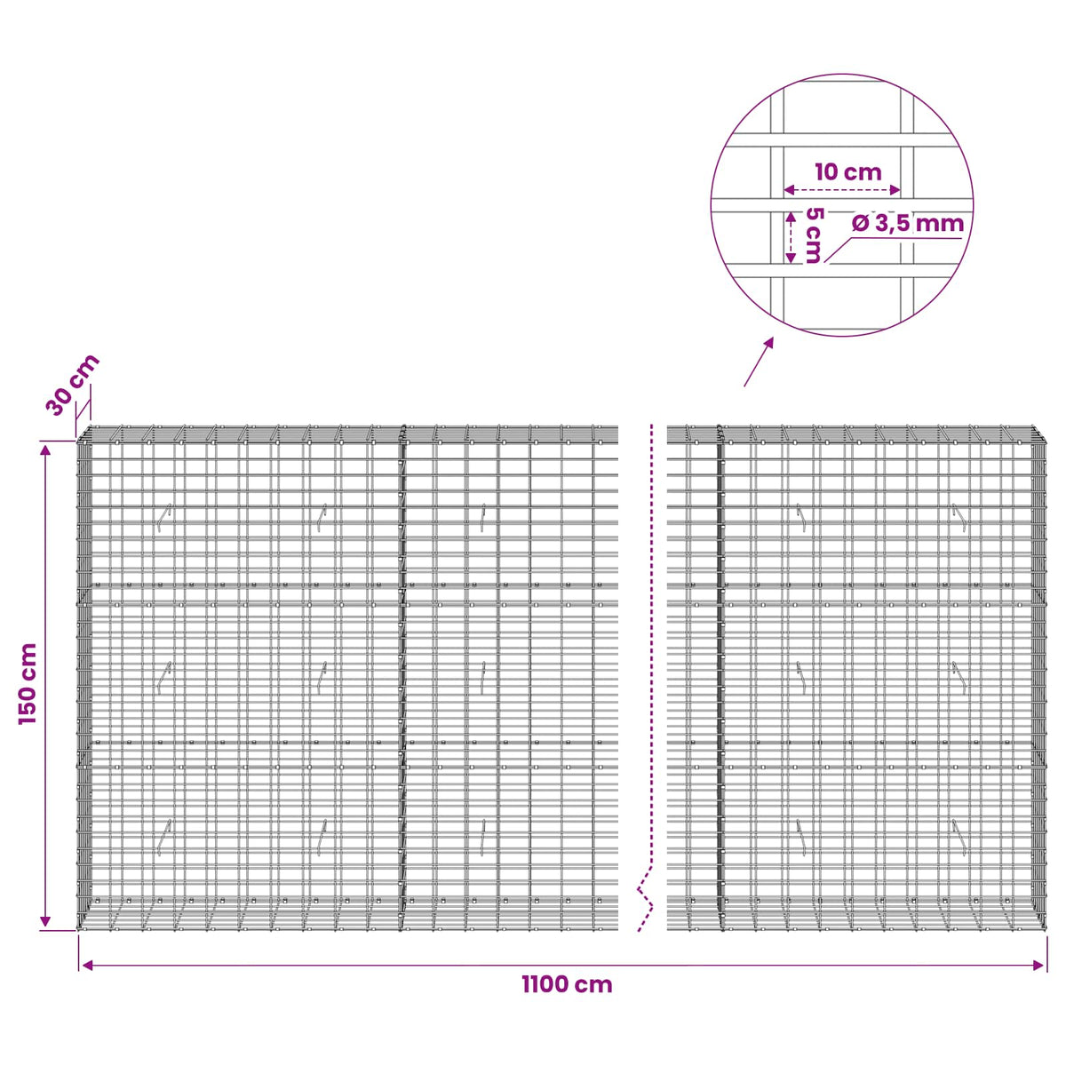 vidaXL Gabion z drutu 3,5 mm i siatką 5x10 cm 1100x30x150 cm