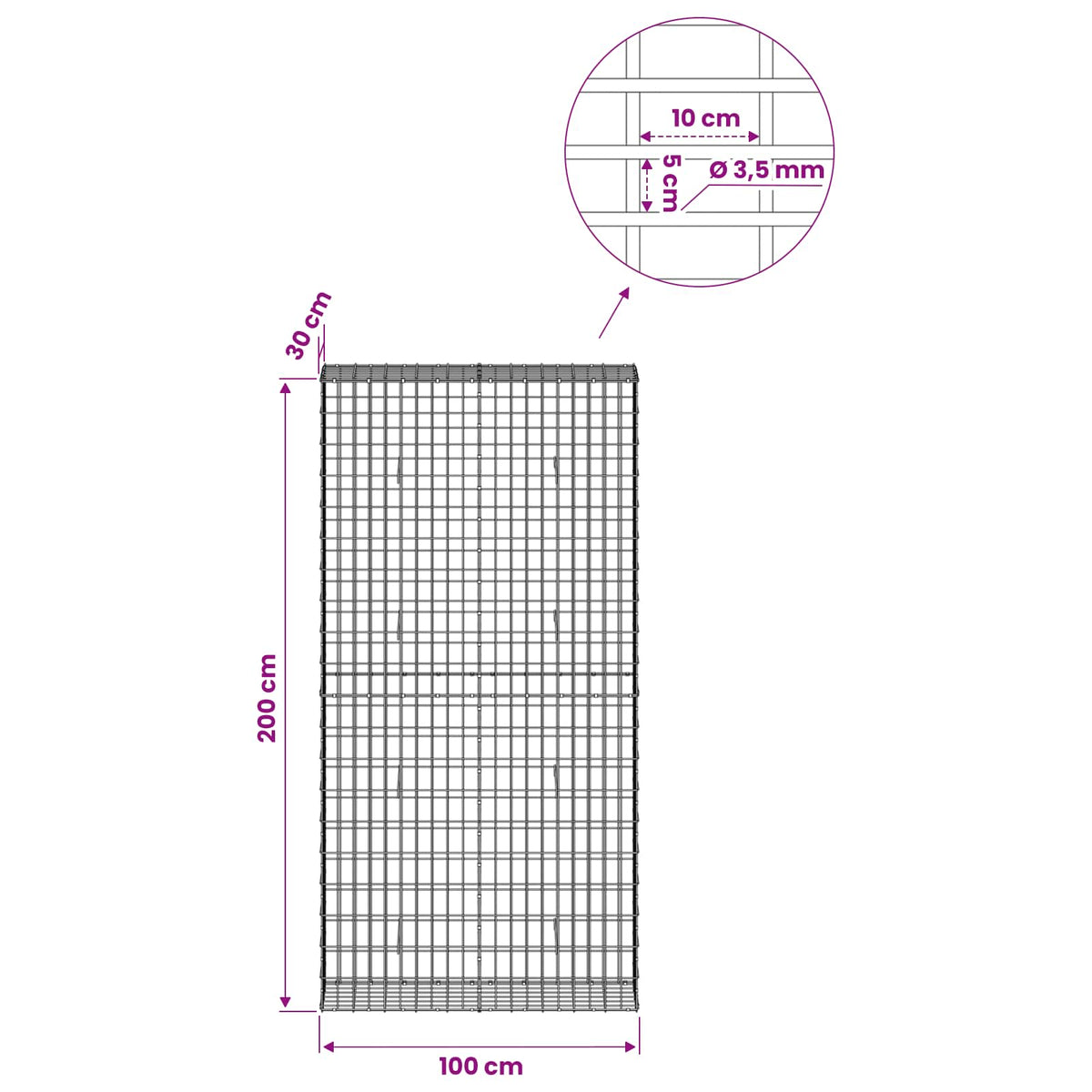 vidaXL Gabion z drutu 3,5 mm i siatką 5x10 cm 100x30x200 cm
