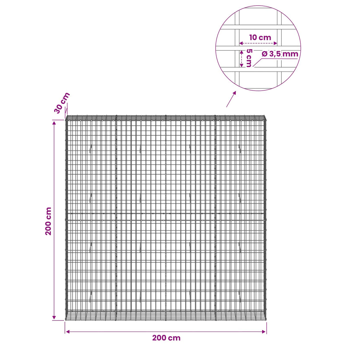 vidaXL Gabion z drutu 3,5 mm i siatką 5x10 cm 200x30x200 cm