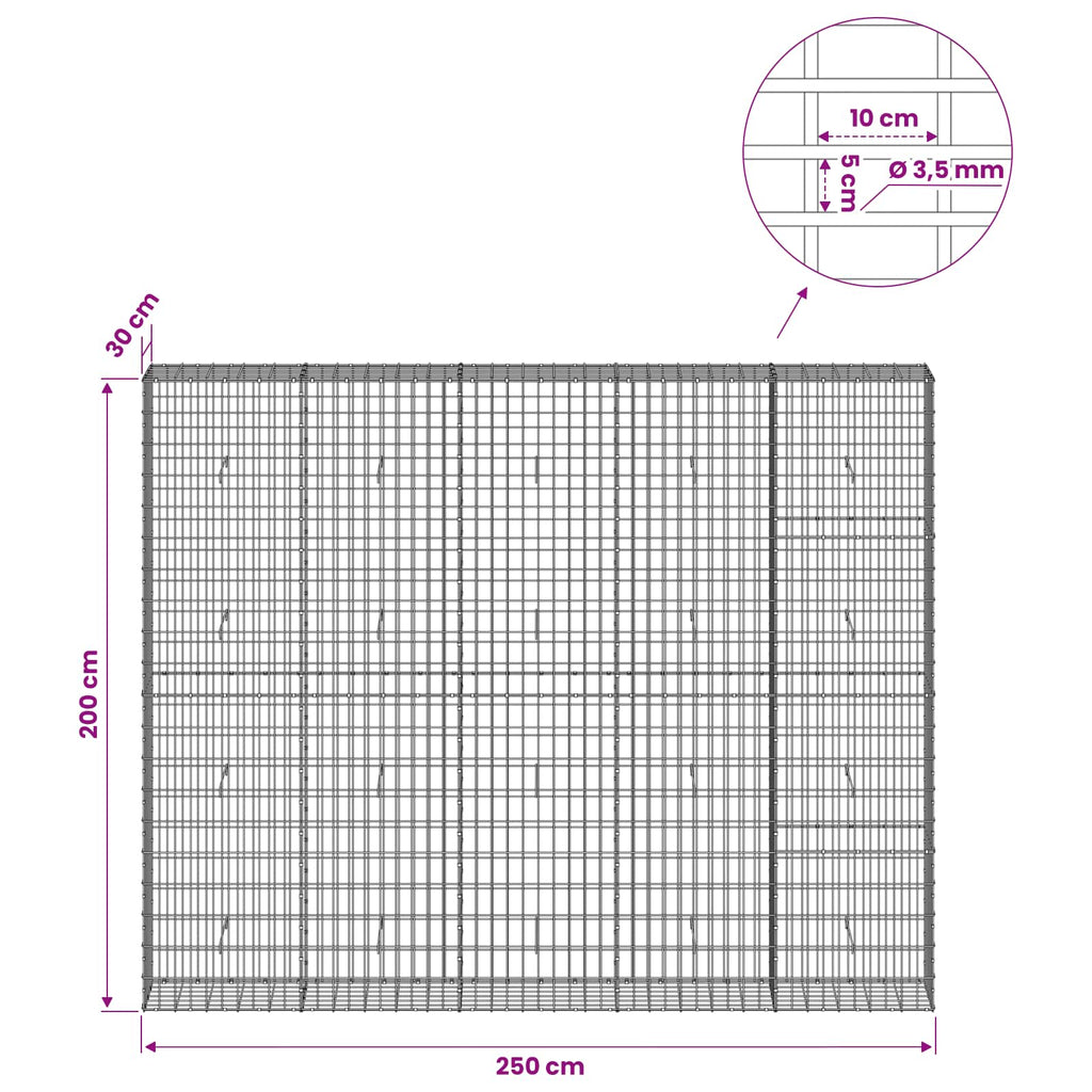 vidaXL Gabion z drutu 3,5 mm i siatką 5x10 cm 250x30x200 cm