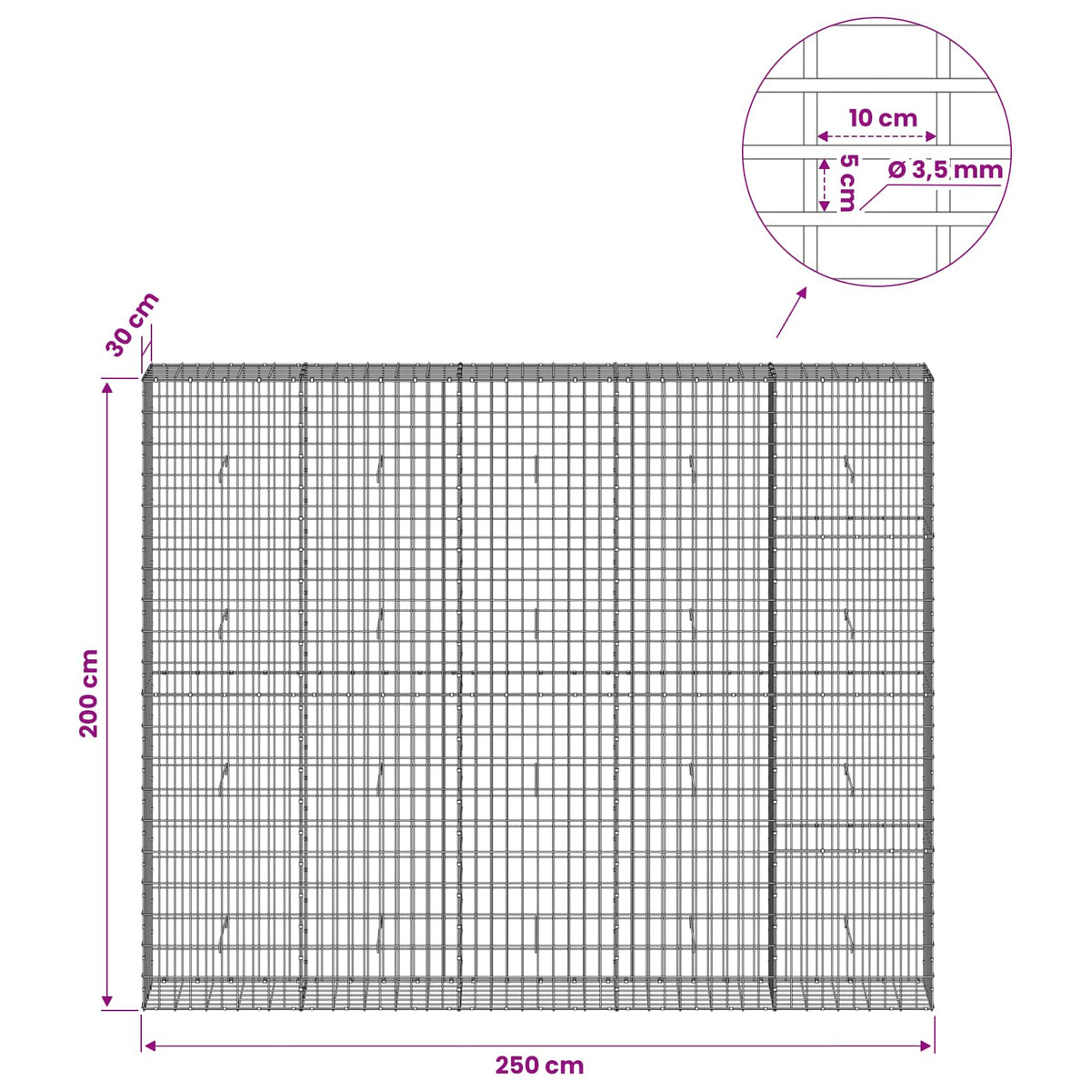 vidaXL Gabion z drutu 3,5 mm i siatką 5x10 cm 250x30x200 cm