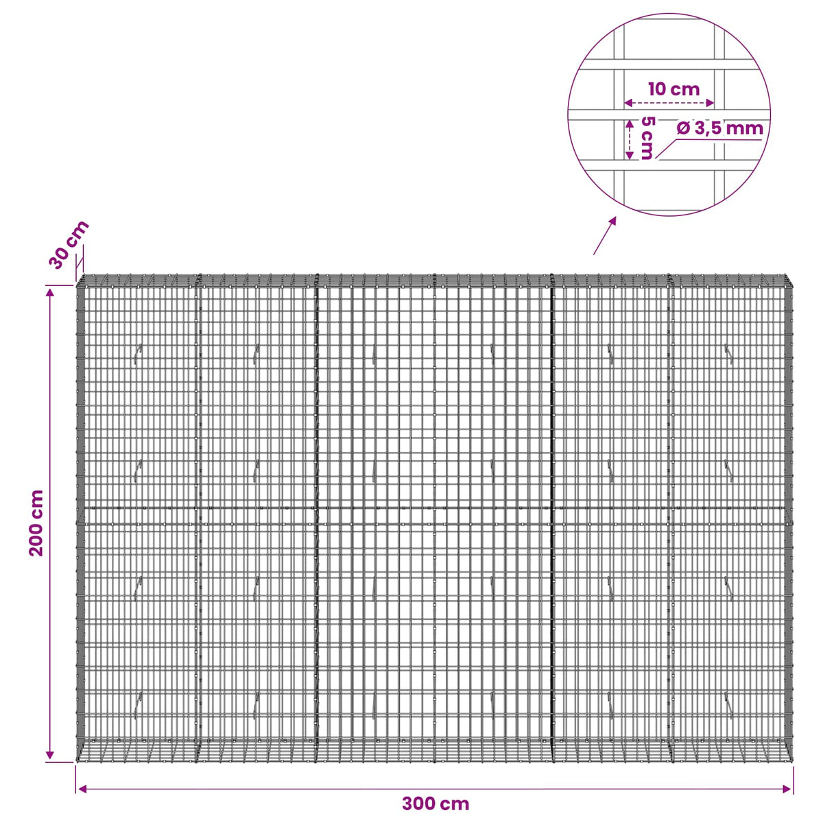 vidaXL Gabion z drutu 3,5 mm i siatką 5x10 cm 300x30x200 cm