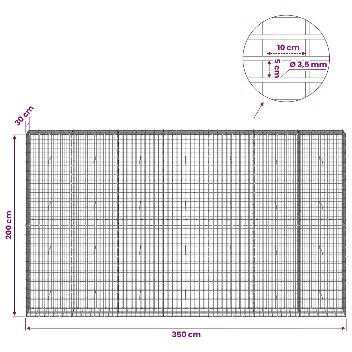 vidaXL Gabion z drutu 3,5 mm i siatką 5x10 cm 350x30x200 cm