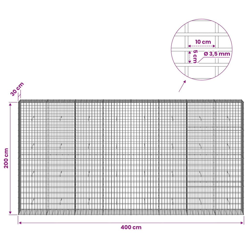 vidaXL Gabion z drutu 3,5 mm i siatką 5x10 cm 400x30x200 cm
