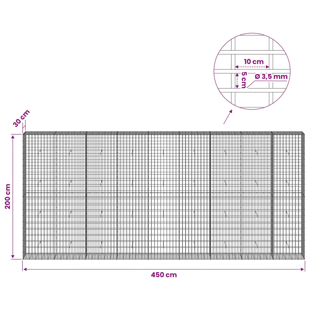 vidaXL Gabion z drutu 3,5 mm i siatką 5x10 cm 450x30x200 cm
