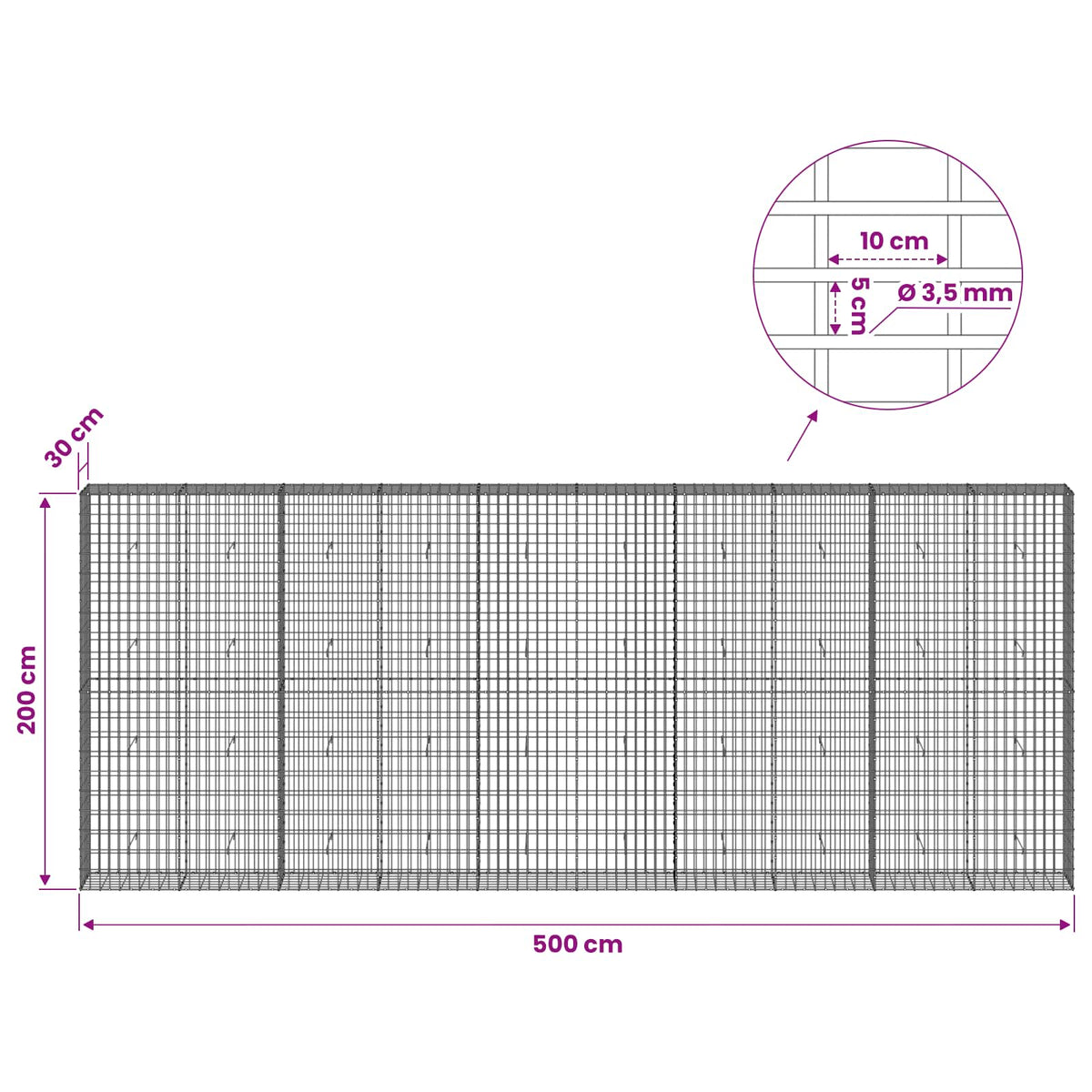 vidaXL Gabion z drutu 3,5 mm i siatką 5x10 cm 500x30x200 cm