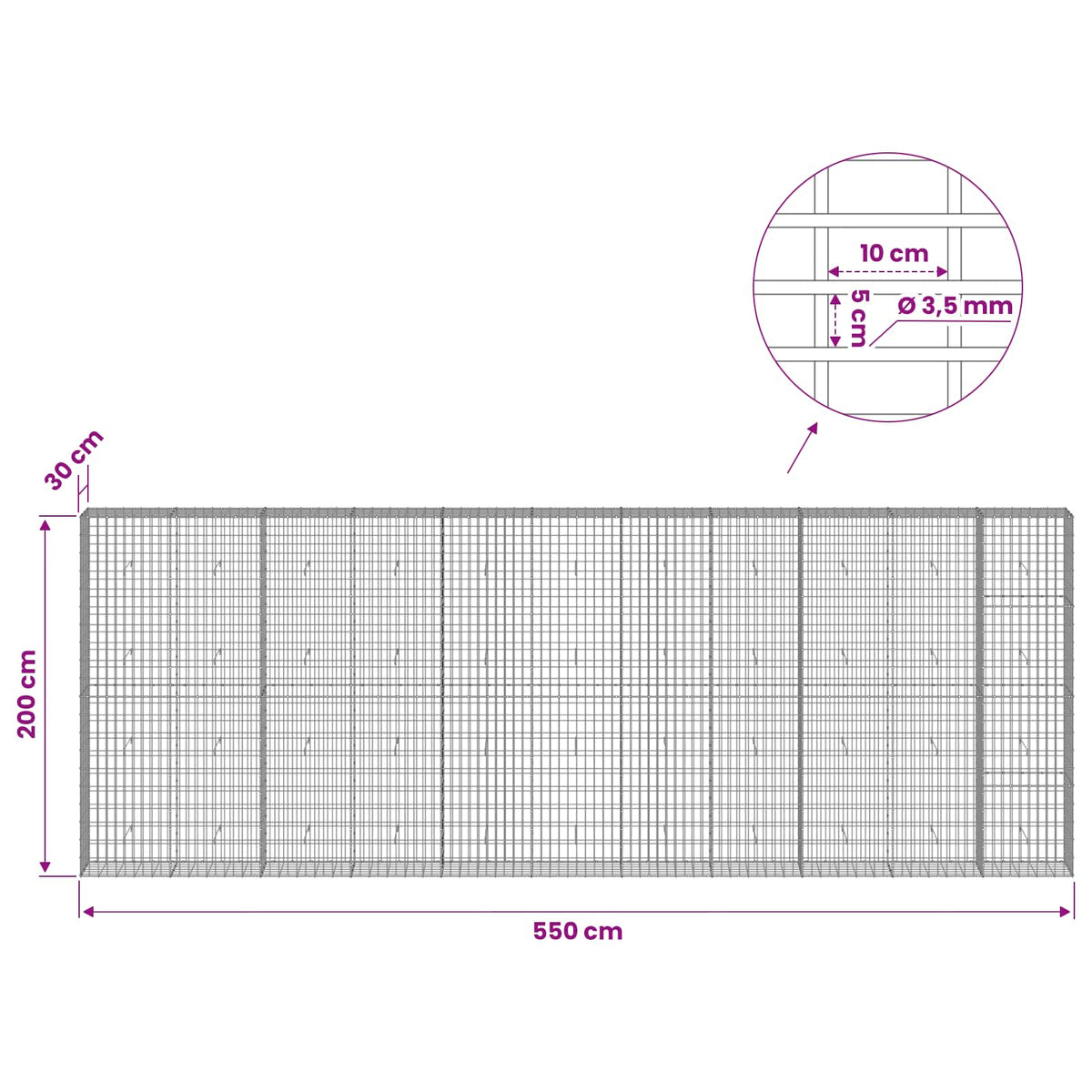 vidaXL Gabion z drutu 3,5 mm i siatką 5x10 cm 550x30x200 cm