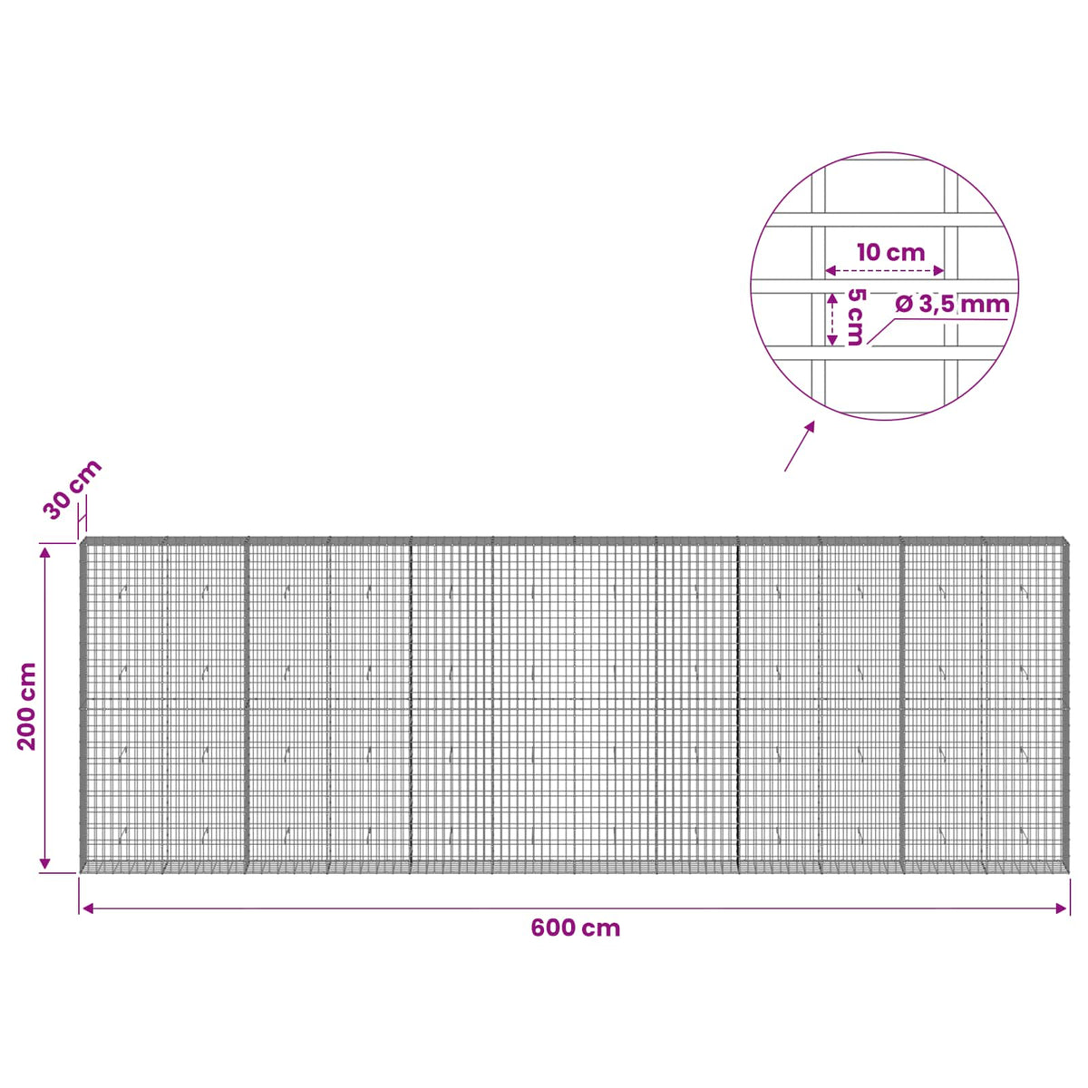 vidaXL Gabion z drutu 3,5 mm i siatką 5x10 cm 600x30x200 cm