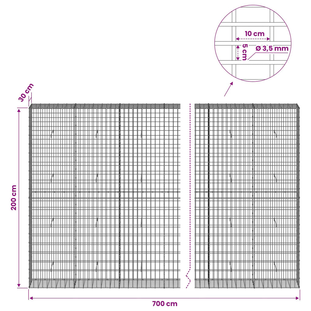vidaXL Gabion z drutu 3,5 mm i siatką 5x10 cm 700x30x200 cm