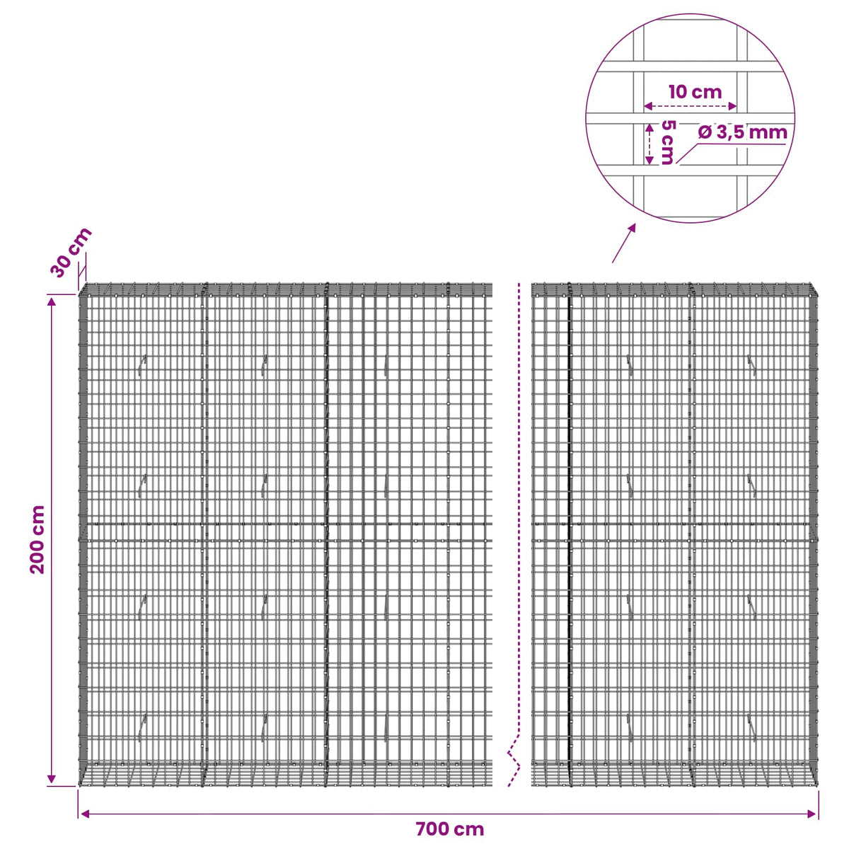 vidaXL Gabion z drutu 3,5 mm i siatką 5x10 cm 700x30x200 cm
