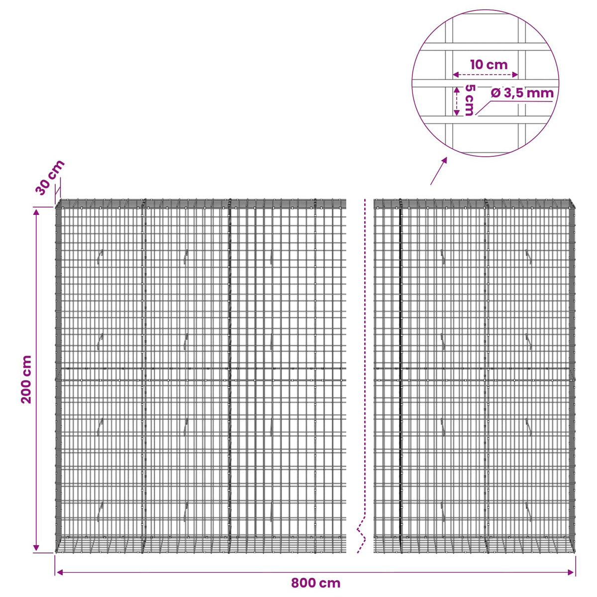 vidaXL Gabion z drutu 3,5 mm i siatką 5x10 cm 800x30x200 cm
