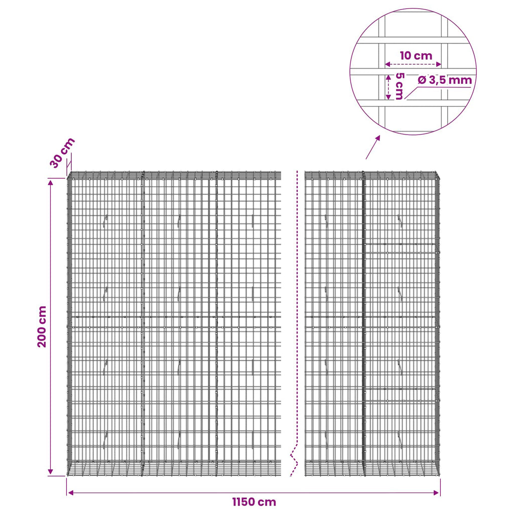 vidaXL Gabion z drutu 3,5 mm i siatką 5x10 cm 1150x30x200 cm