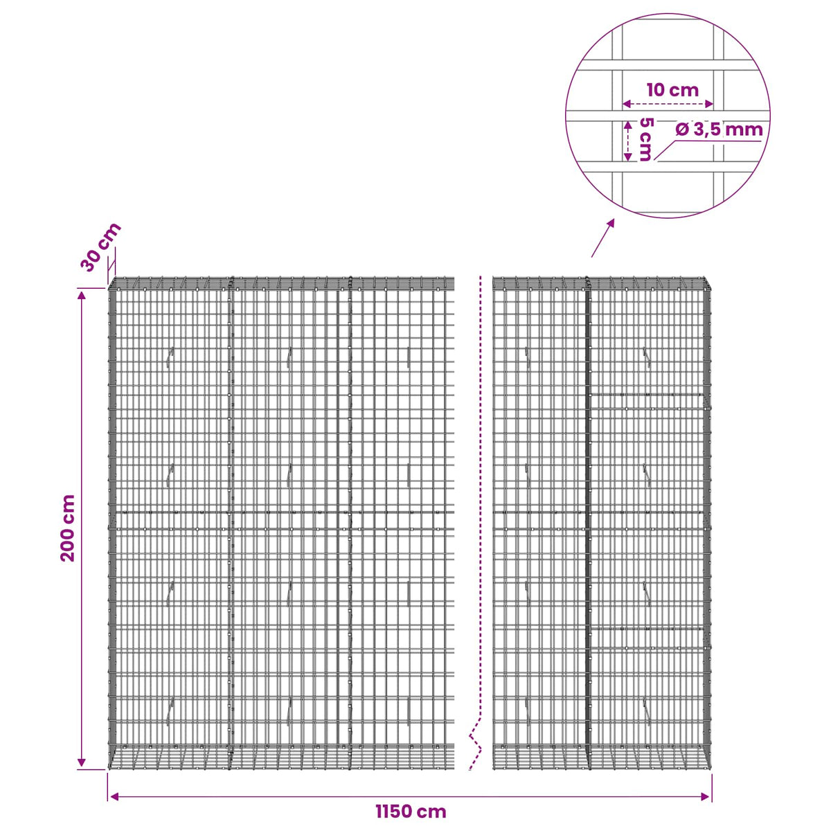 vidaXL Gabion z drutu 3,5 mm i siatką 5x10 cm 1150x30x200 cm
