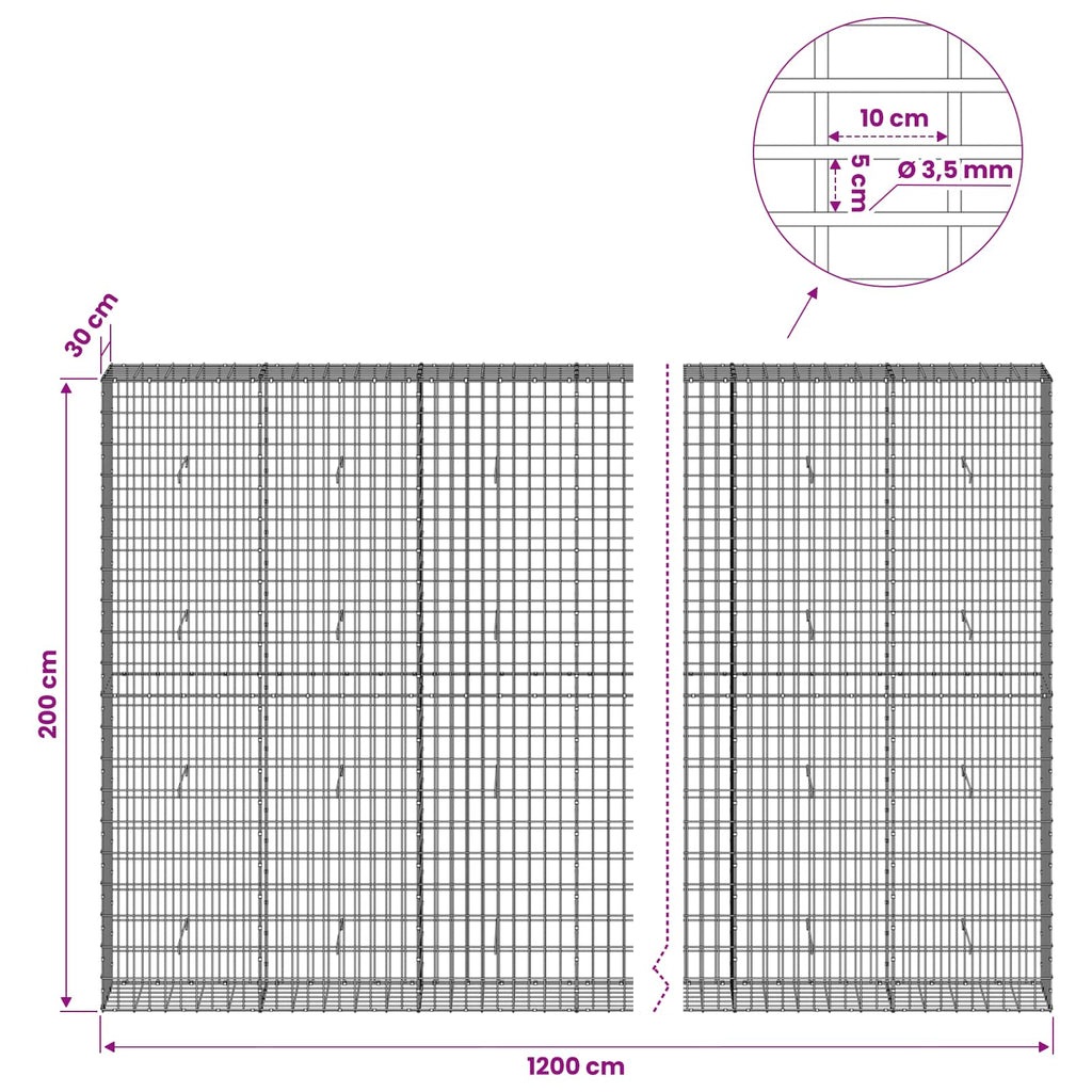 vidaXL Gabion z drutu 3,5 mm i siatką 5x10 cm 1200x30x200 cm