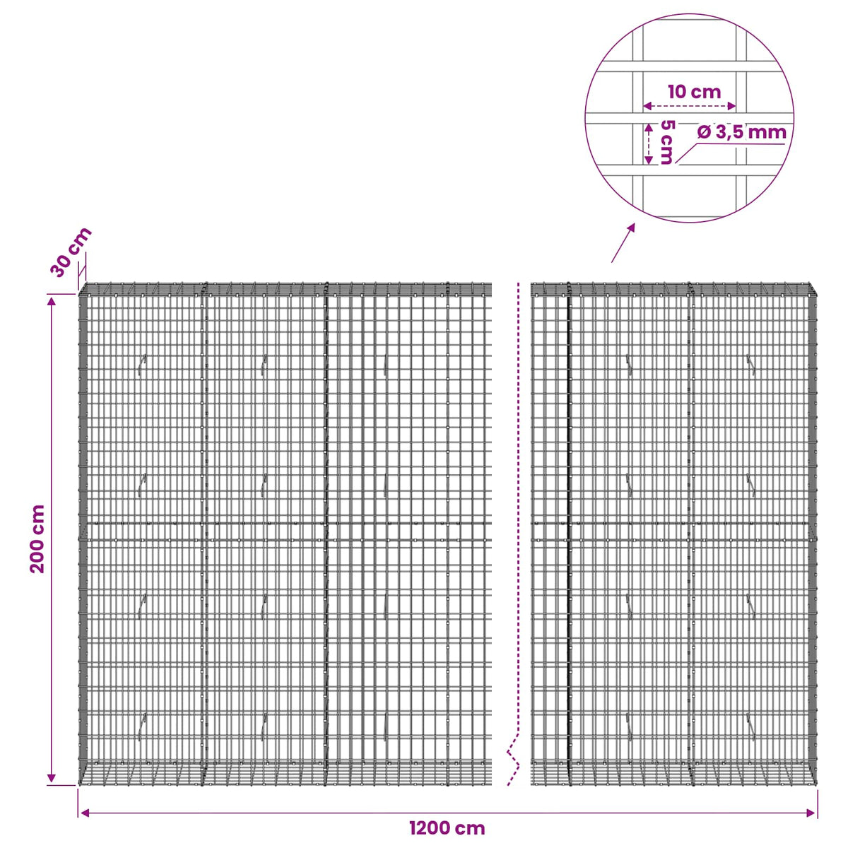 vidaXL Gabion z drutu 3,5 mm i siatką 5x10 cm 1200x30x200 cm