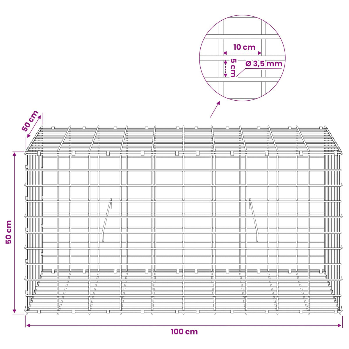 vidaXL Gabion z drutu 3,5 mm i siatką 5x10 cm 100x50x50 cm