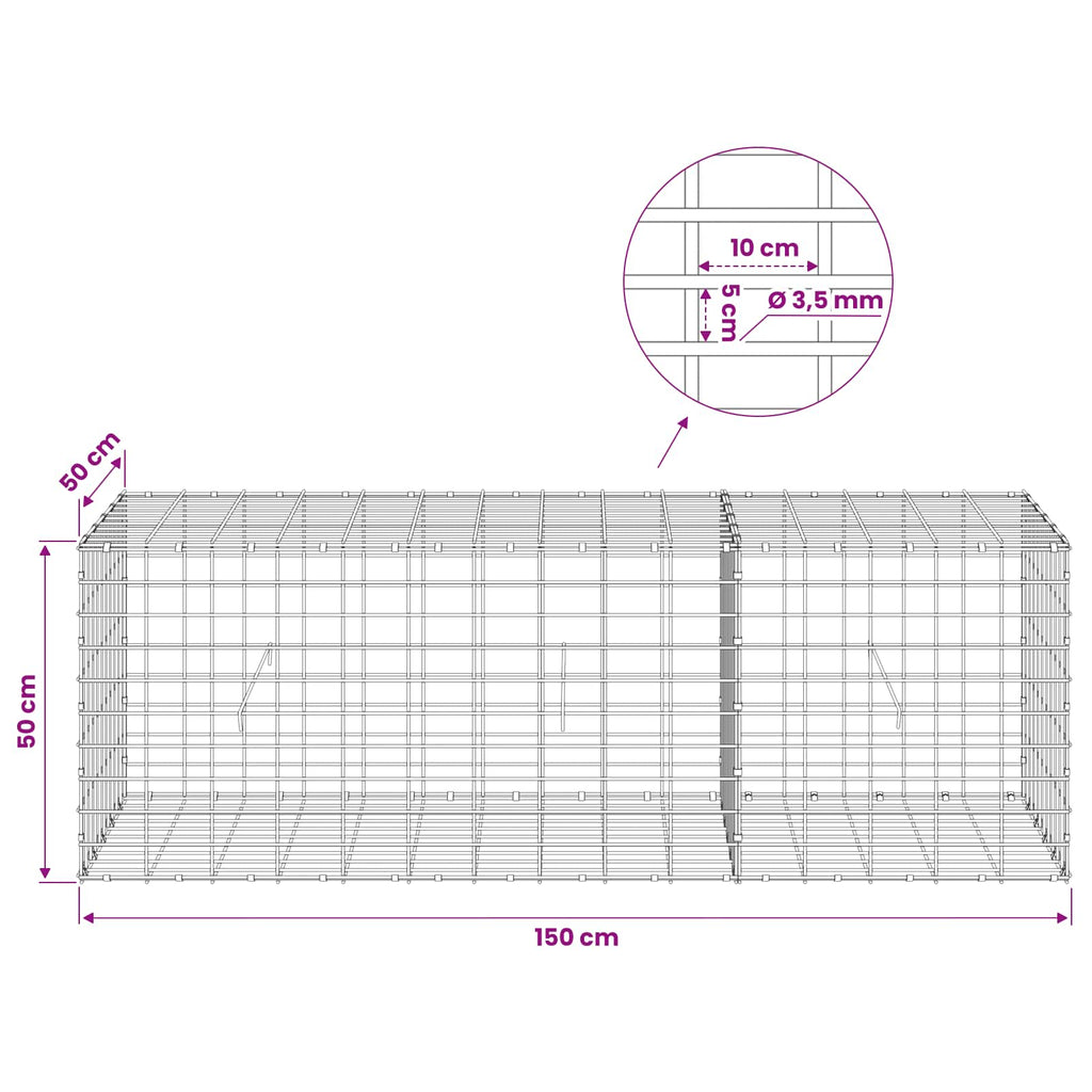 vidaXL Gabion z drutu 3,5 mm i siatką 5x10 cm 150x50x50 cm