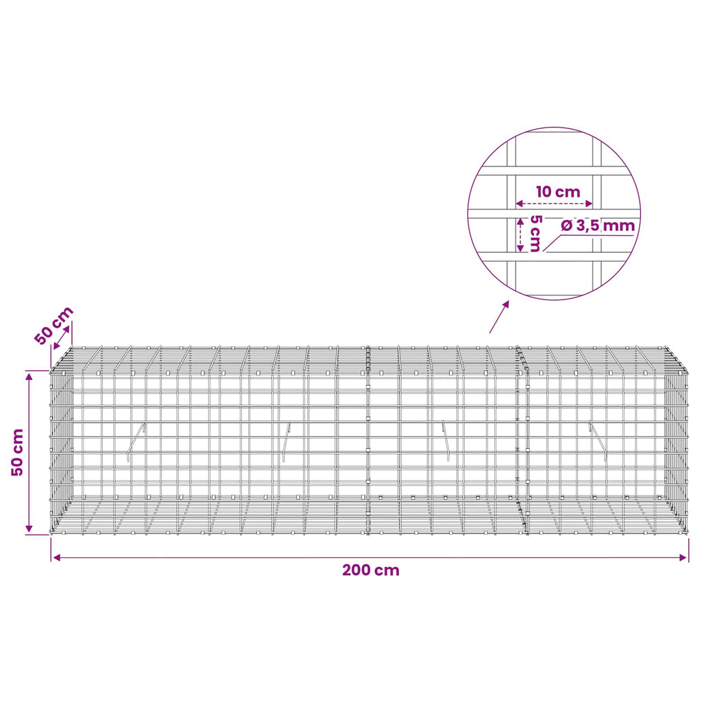 vidaXL Gabion z drutu 3,5 mm i siatką 5x10 cm 200x50x50 cm