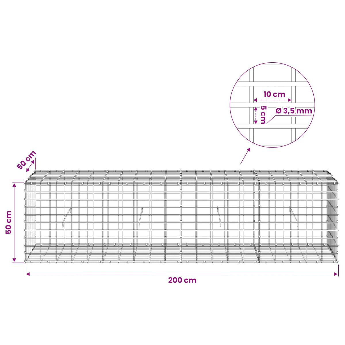 vidaXL Gabion z drutu 3,5 mm i siatką 5x10 cm 200x50x50 cm