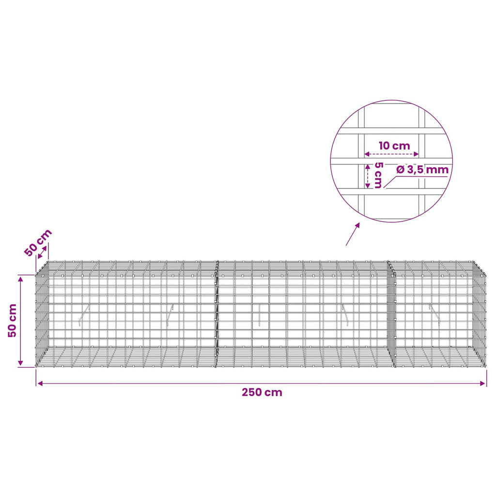 vidaXL Gabion z drutu 3,5 mm i siatką 5x10 cm 250x50x50 cm
