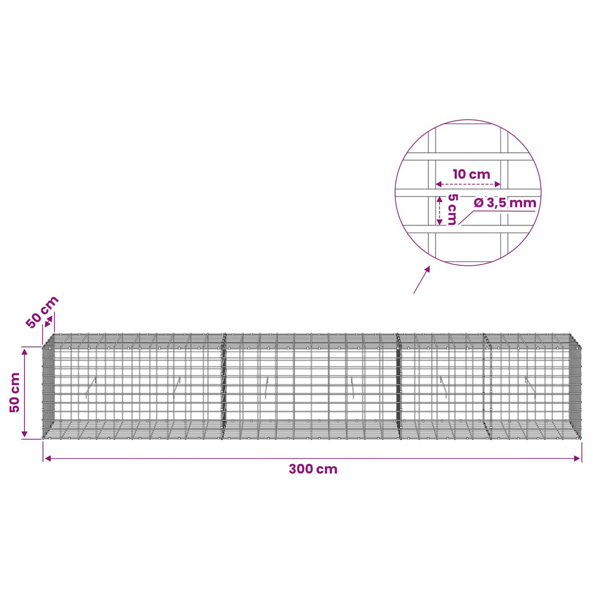 vidaXL Gabion z drutu 3,5 mm i siatką 5x10 cm 300x50x50 cm