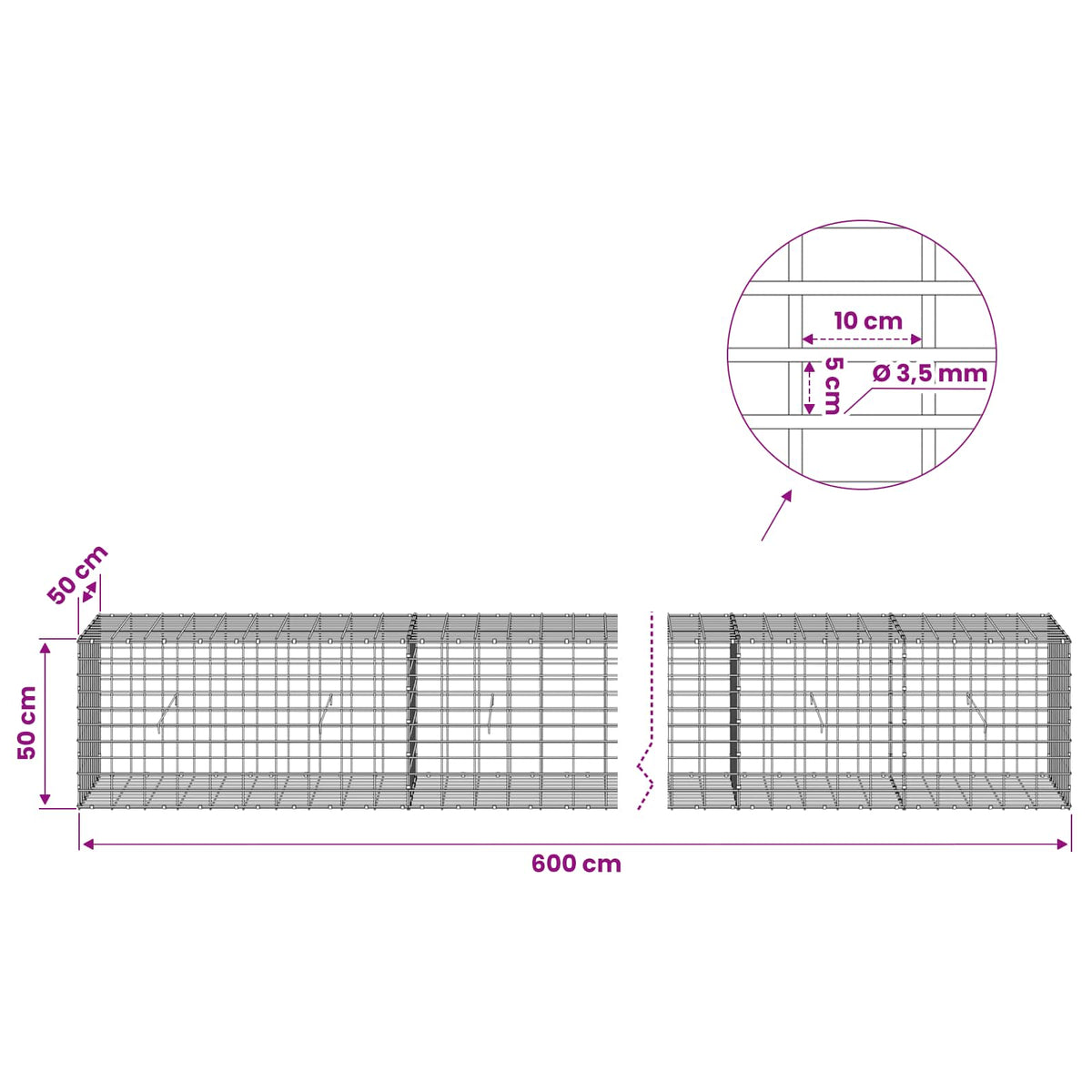 vidaXL Gabion z drutu 3,5 mm i siatką 5x10 cm 600x50x50 cm