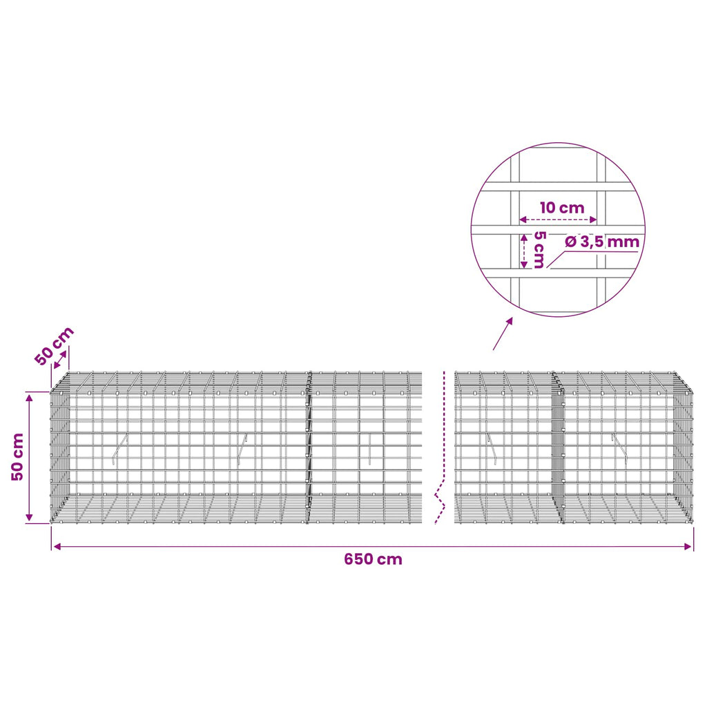 vidaXL Gabion z drutu 3,5 mm i siatką 5x10 cm 650x50x50 cm