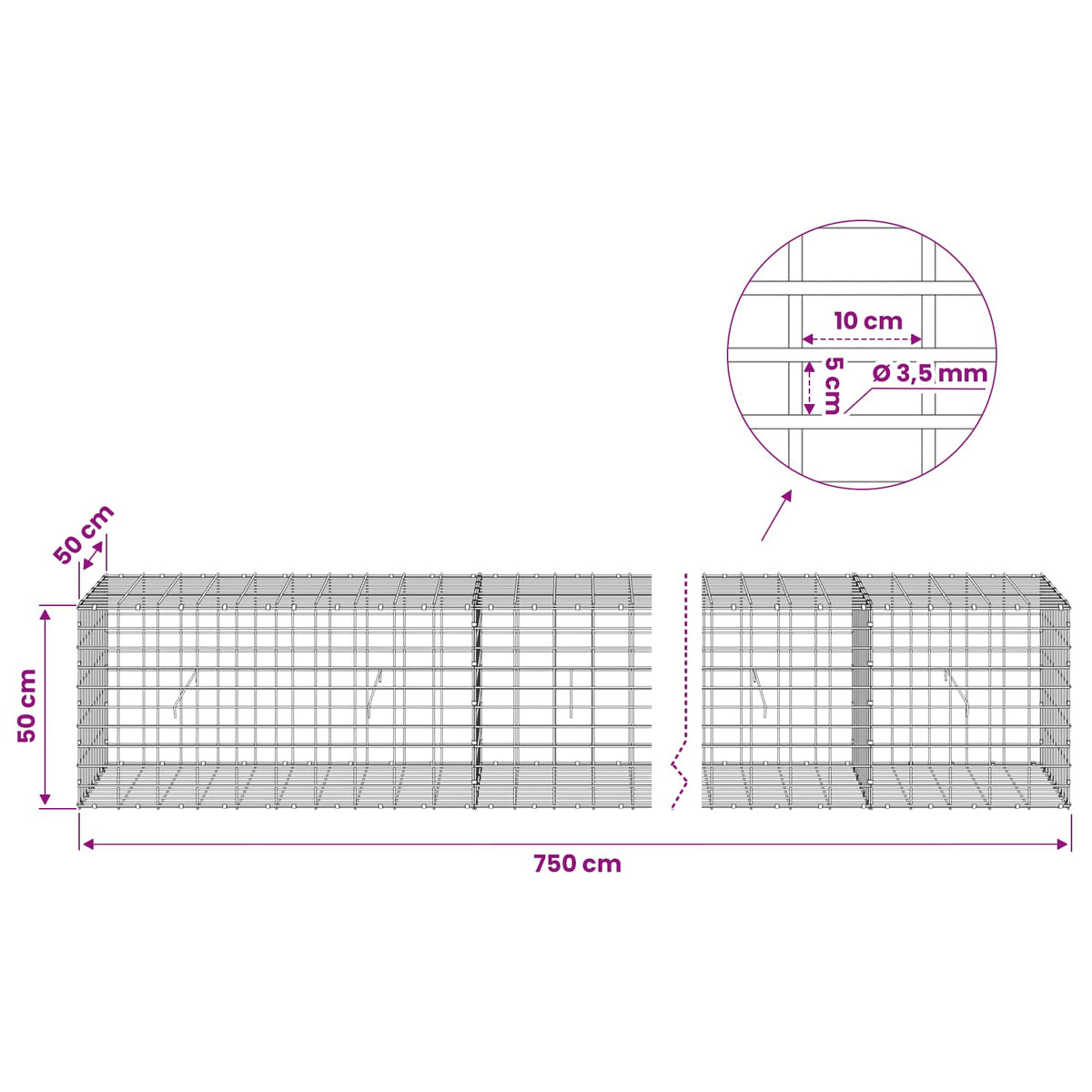 vidaXL Gabion z drutu 3,5 mm i siatką 5x10 cm 750x50x50 cm