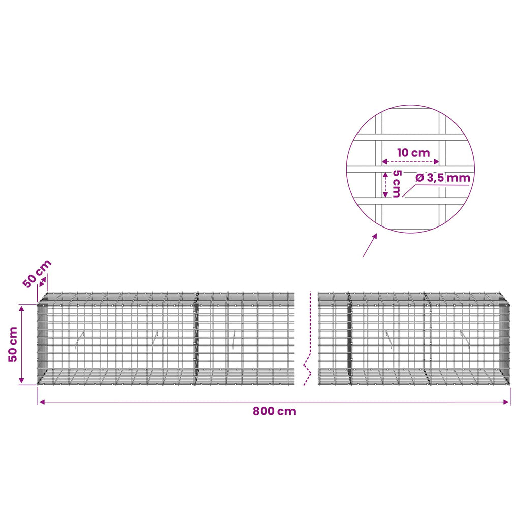 vidaXL Gabion z drutu 3,5 mm i siatką 5x10 cm 800x50x50 cm