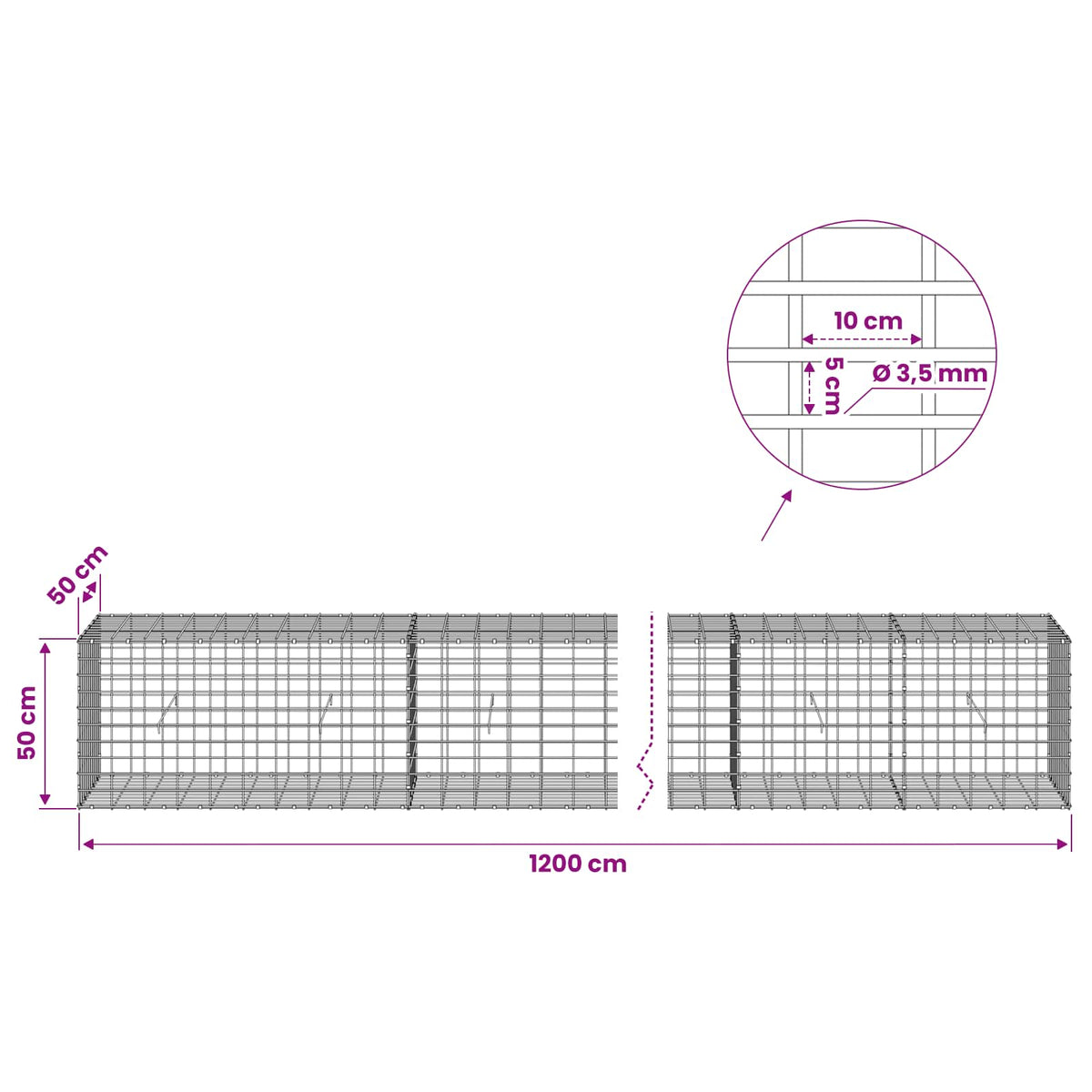 vidaXL Gabion z drutu 3,5 mm i siatką 5x10 cm 1200x50x50 cm