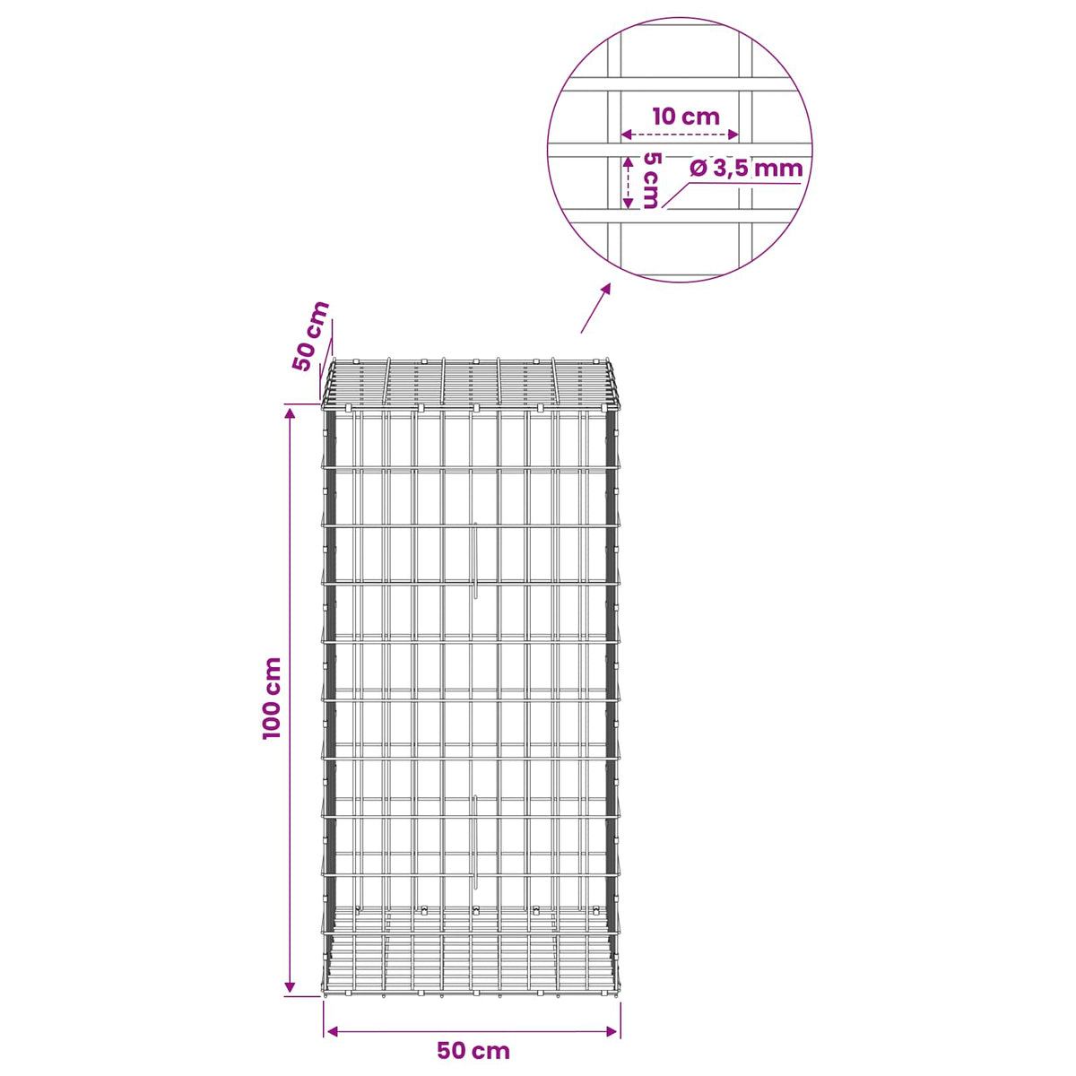 vidaXL Gabion z drutu 3,5 mm i siatką 5x10 cm 50x50x100 cm