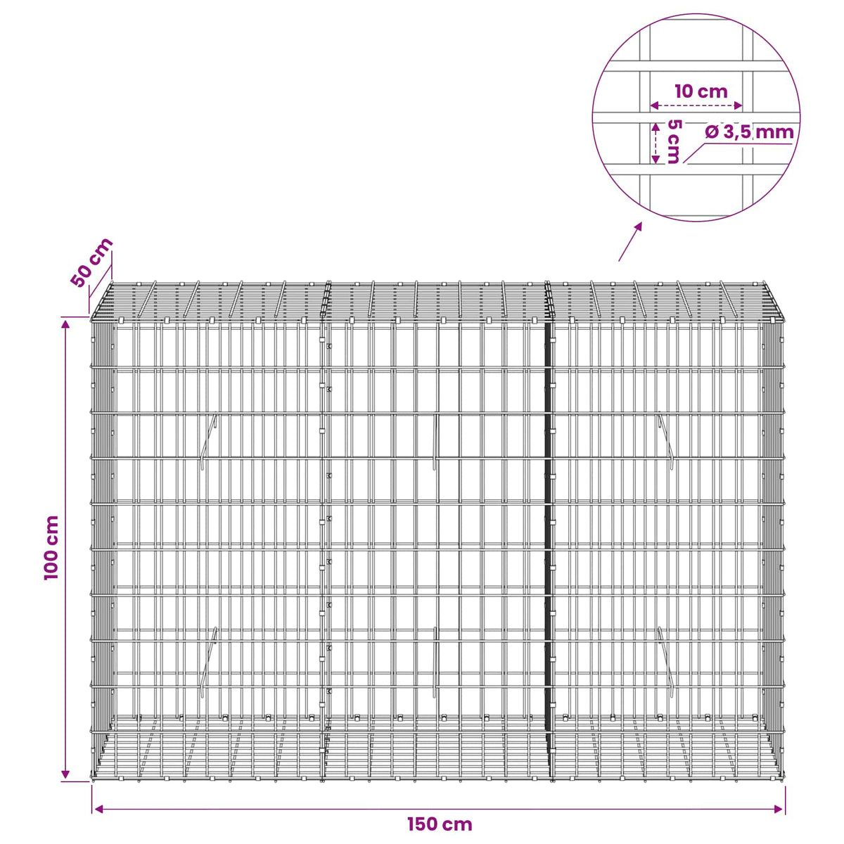 vidaXL Gabion z drutu 3,5 mm i siatką 5x10 cm 150x50x100 cm