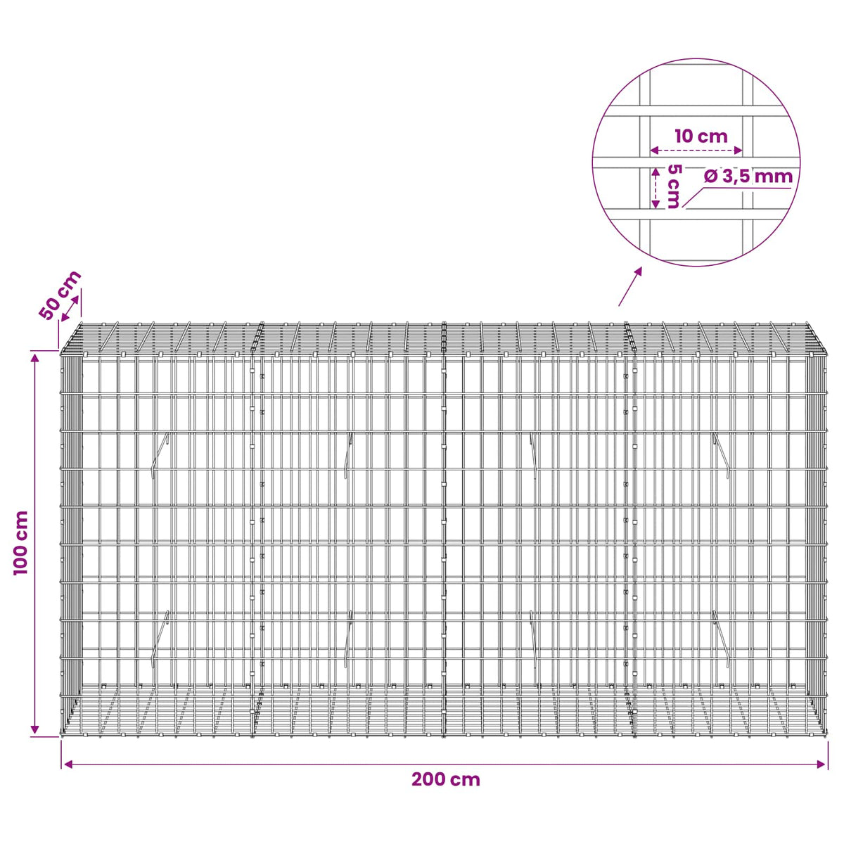 vidaXL Gabion z drutu 3,5 mm i siatką 5x10 cm 200x50x100 cm