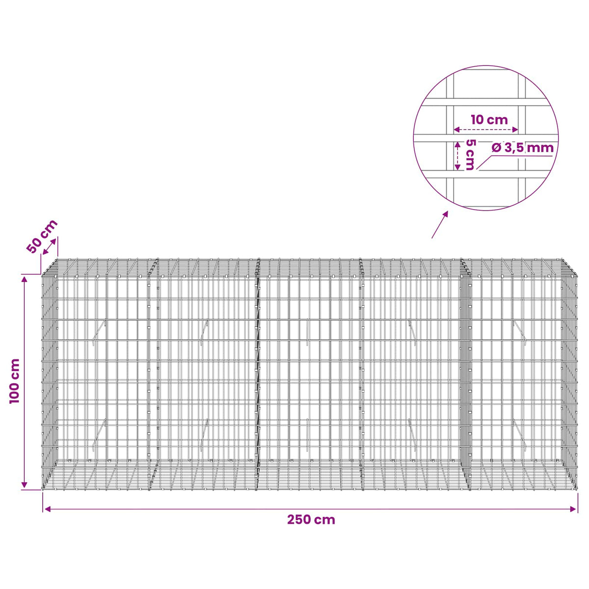 vidaXL Gabion z drutu 3,5 mm i siatką 5x10 cm 250x50x100 cm