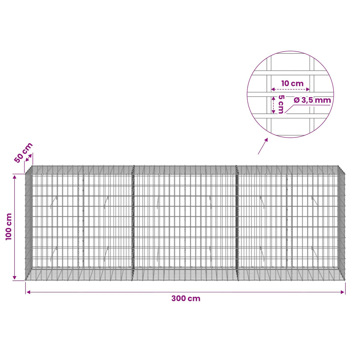 vidaXL Gabion z drutu 3,5 mm i siatką 5x10 cm 300x50x100 cm