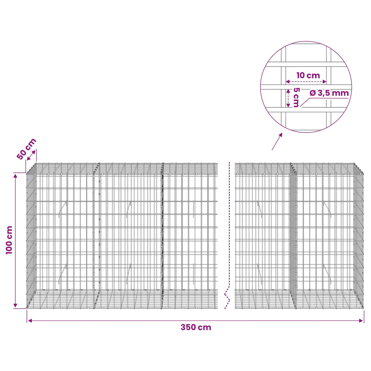 vidaXL Gabion z drutu 3,5 mm i siatką 5x10 cm 350x50x100 cm