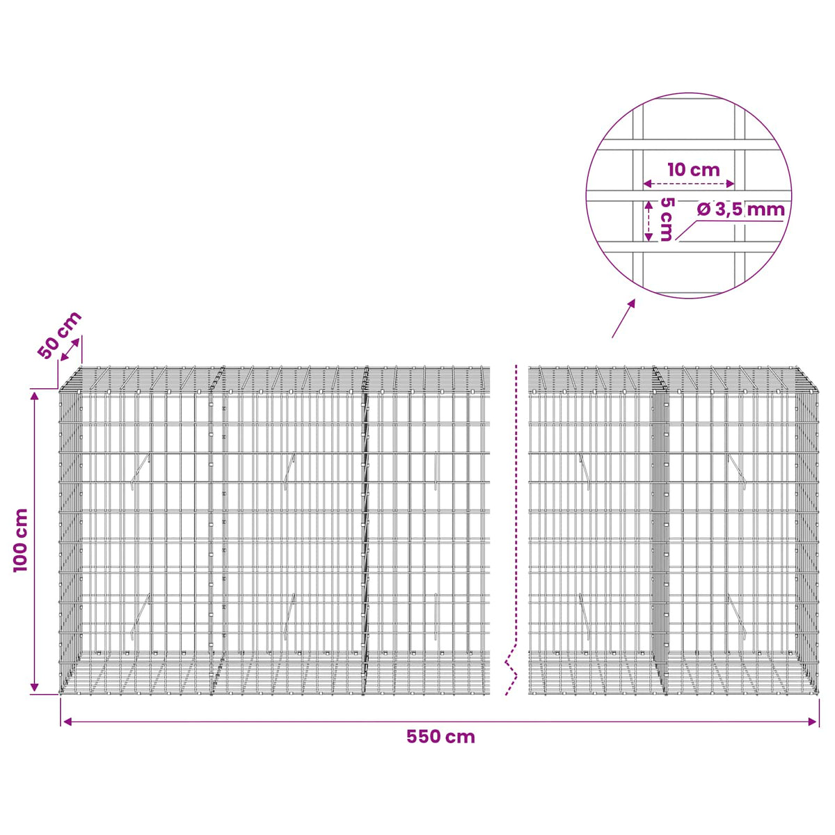 vidaXL Gabion z drutu 3,5 mm i siatką 5x10 cm 550x50x100 cm
