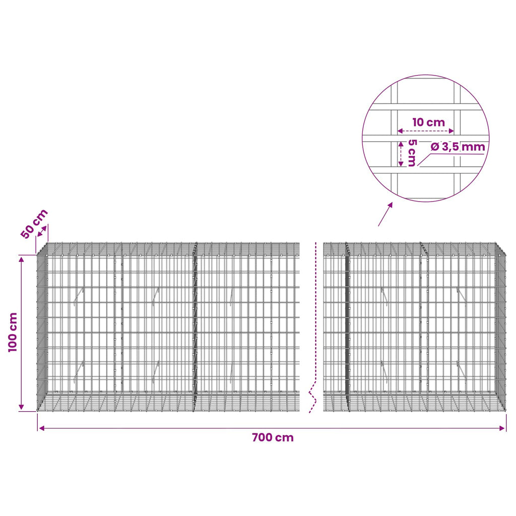 vidaXL Gabion z drutu 3,5 mm i siatką 5x10 cm 700x50x100 cm