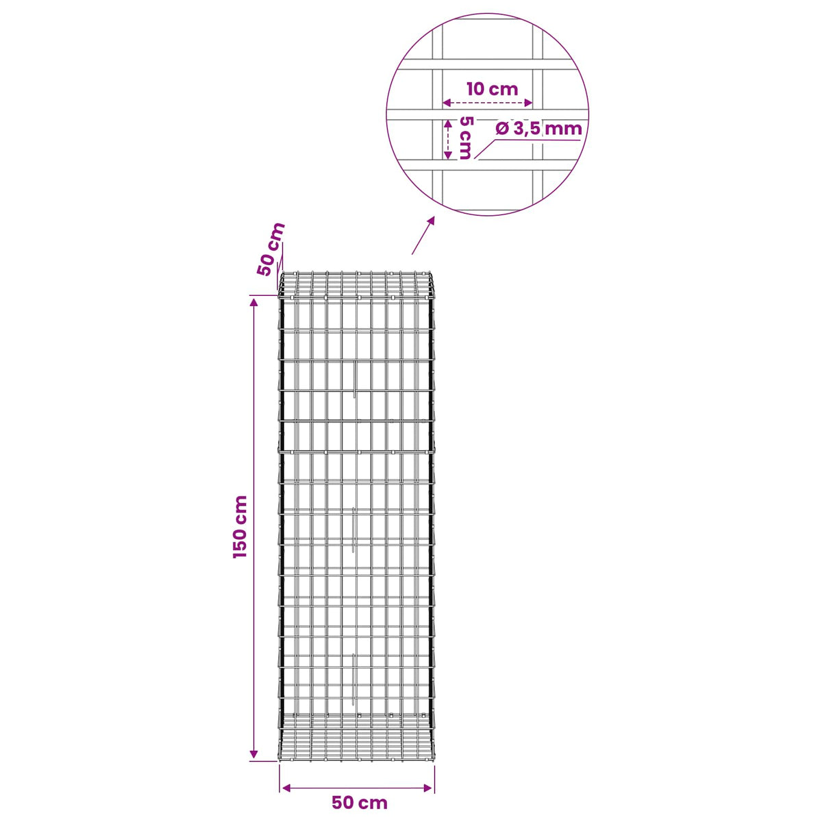 vidaXL Gabion z drutu 3,5 mm i siatką 5x10 cm 50x50x150 cm