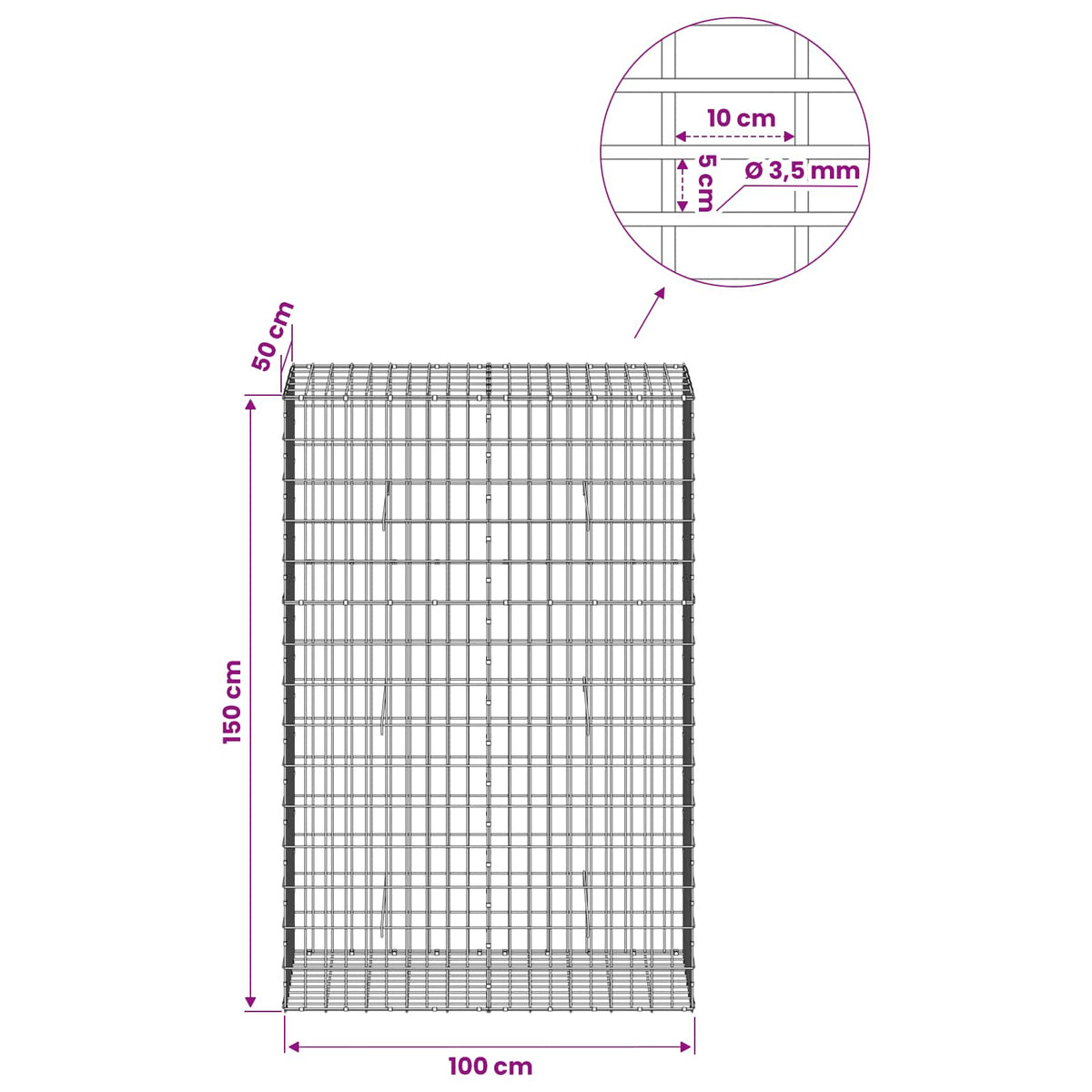 vidaXL Gabion z drutu 3,5 mm i siatką 5x10 cm 100x50x150 cm