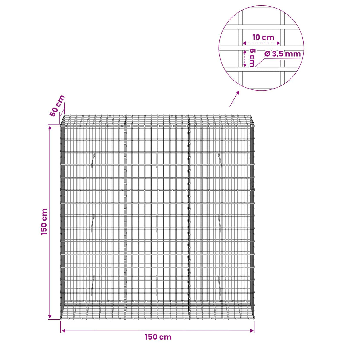 vidaXL Gabion z drutu 3,5 mm i siatką 5x10 cm 150x50x150 cm