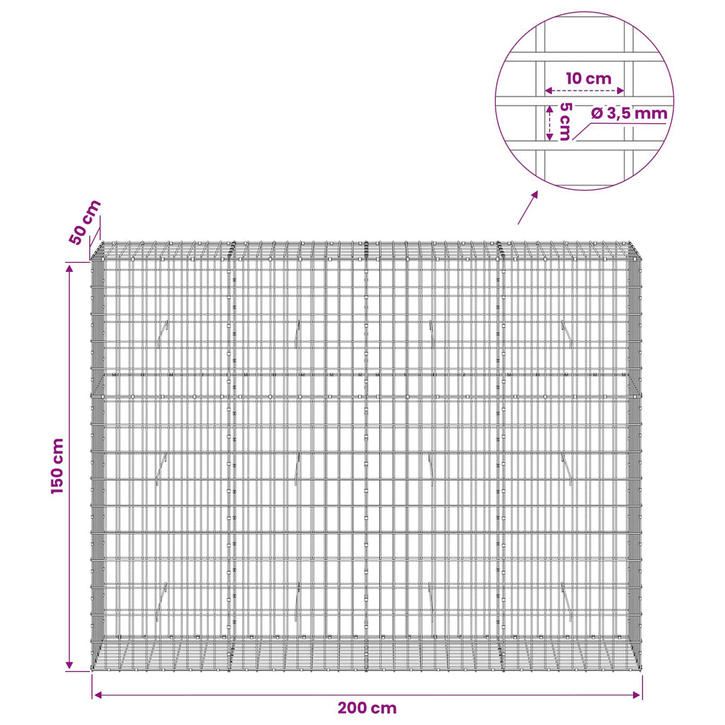 vidaXL Gabion z drutu 3,5 mm i siatką 5x10 cm 200x50x150 cm