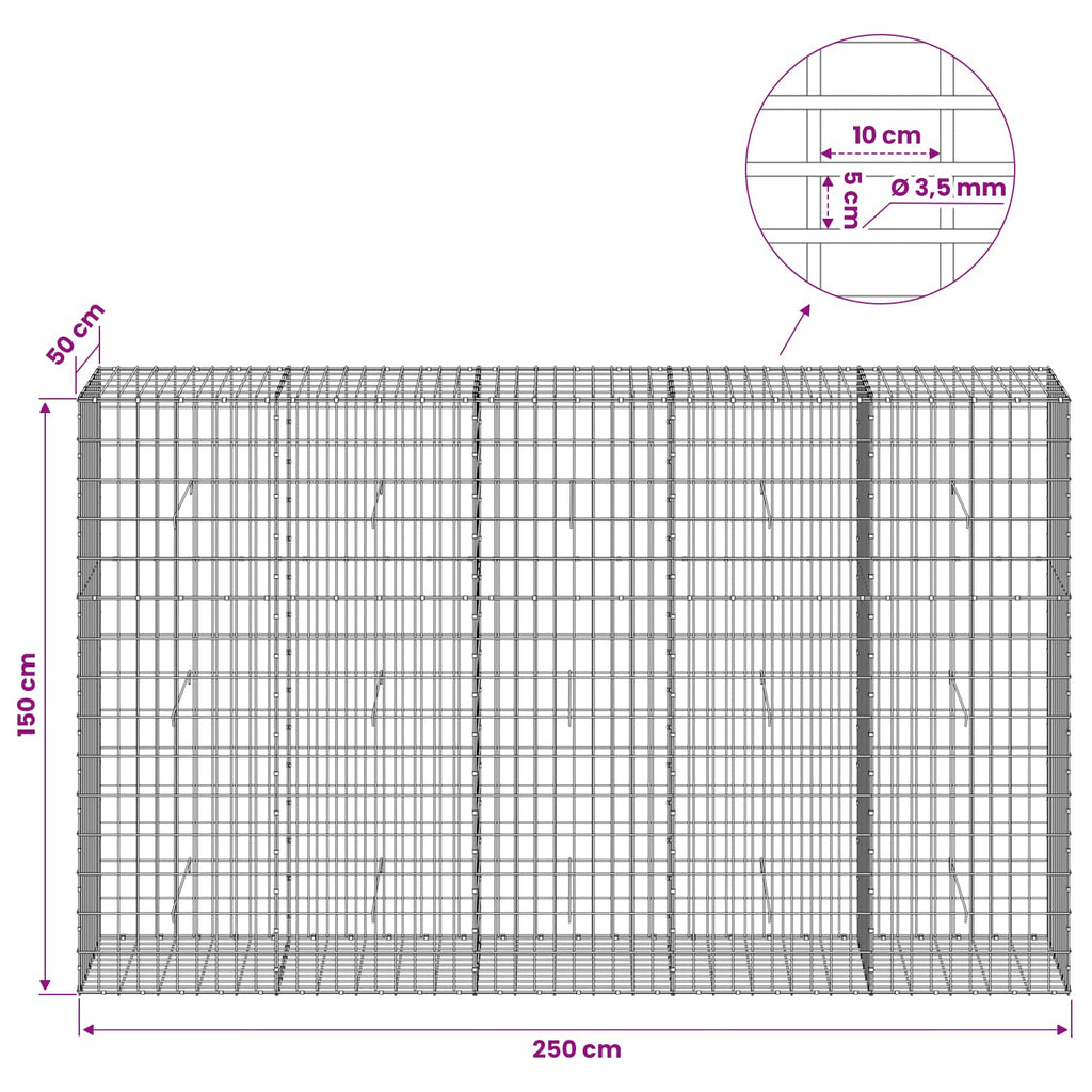 vidaXL Gabion z drutu 3,5 mm i siatką 5x10 cm 250x50x150 cm