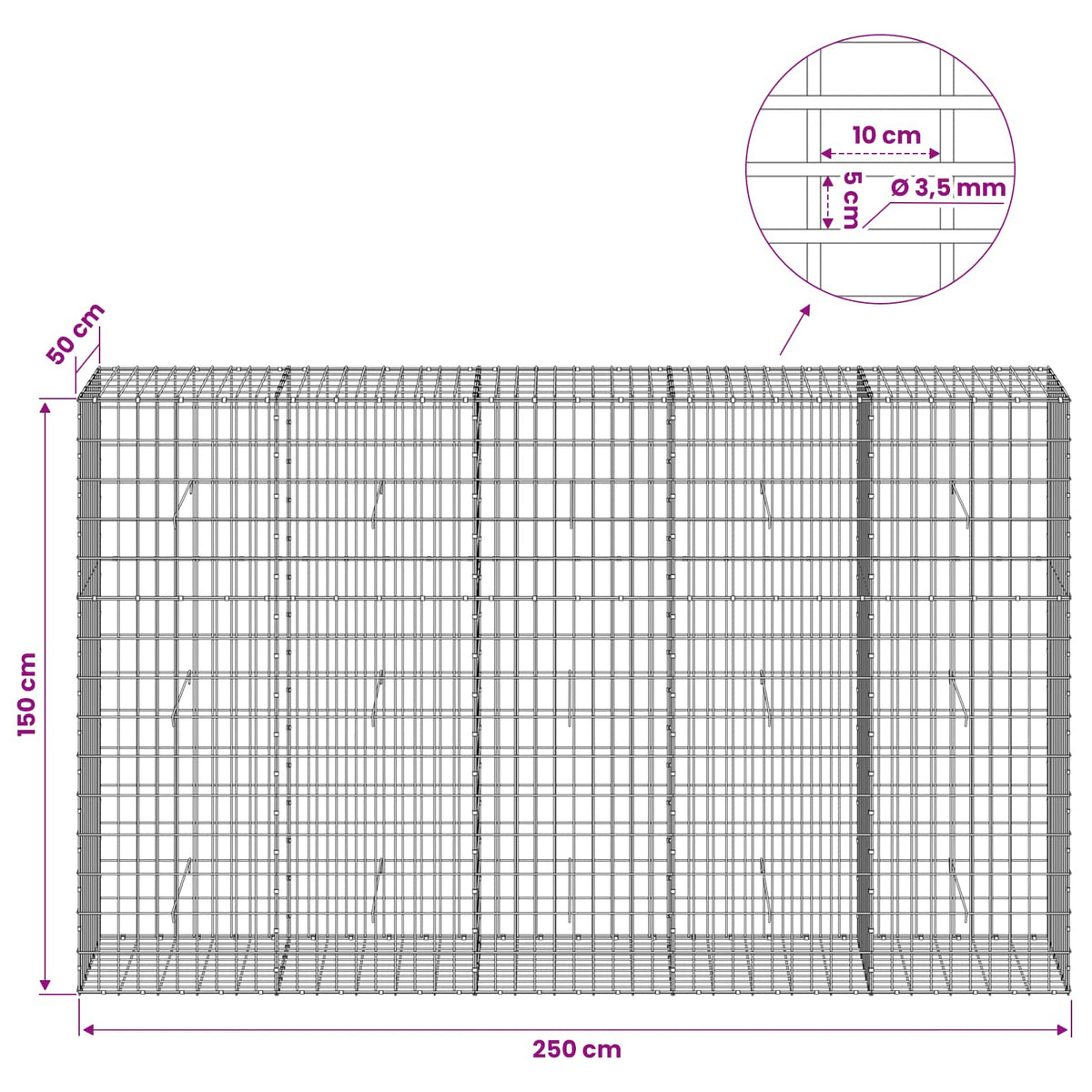 vidaXL Gabion z drutu 3,5 mm i siatką 5x10 cm 250x50x150 cm
