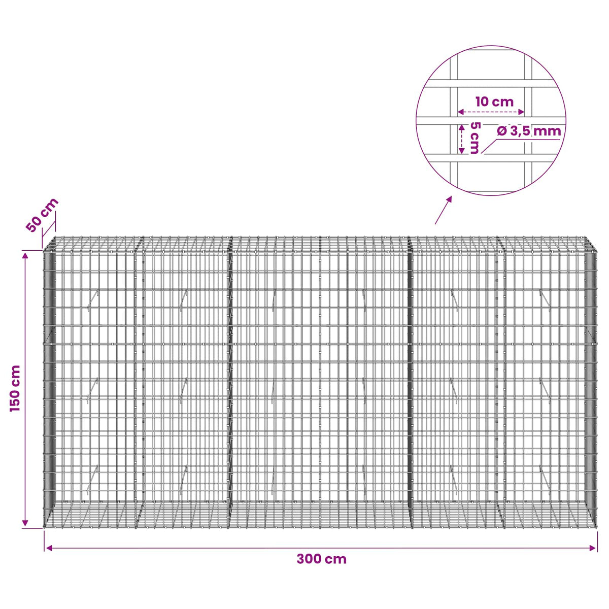 vidaXL Gabion z drutu 3,5 mm i siatką 5x10 cm 300x50x150 cm