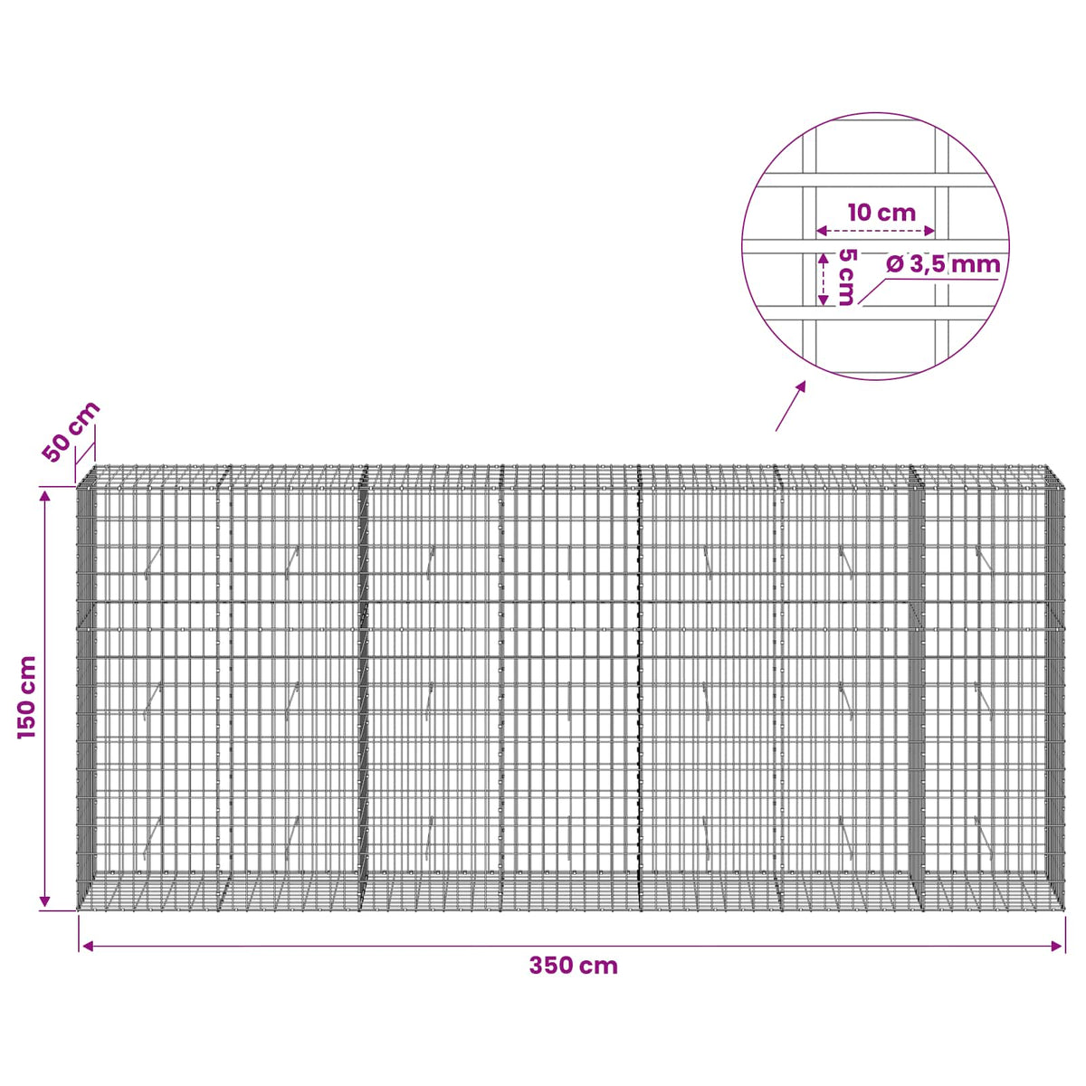 vidaXL Gabion z drutu 3,5 mm i siatką 5x10 cm 350x50x150 cm