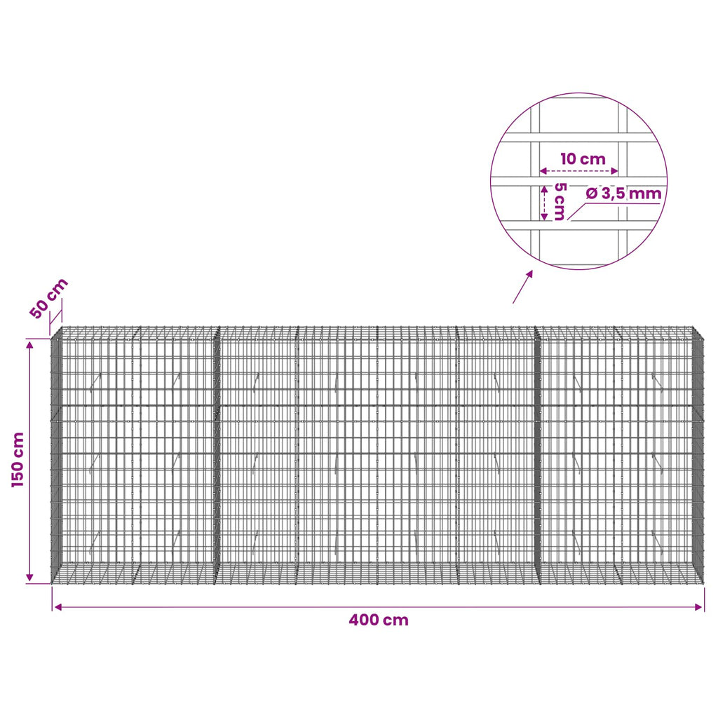 vidaXL Gabion z drutu 3,5 mm i siatką 5x10 cm 400x50x150 cm