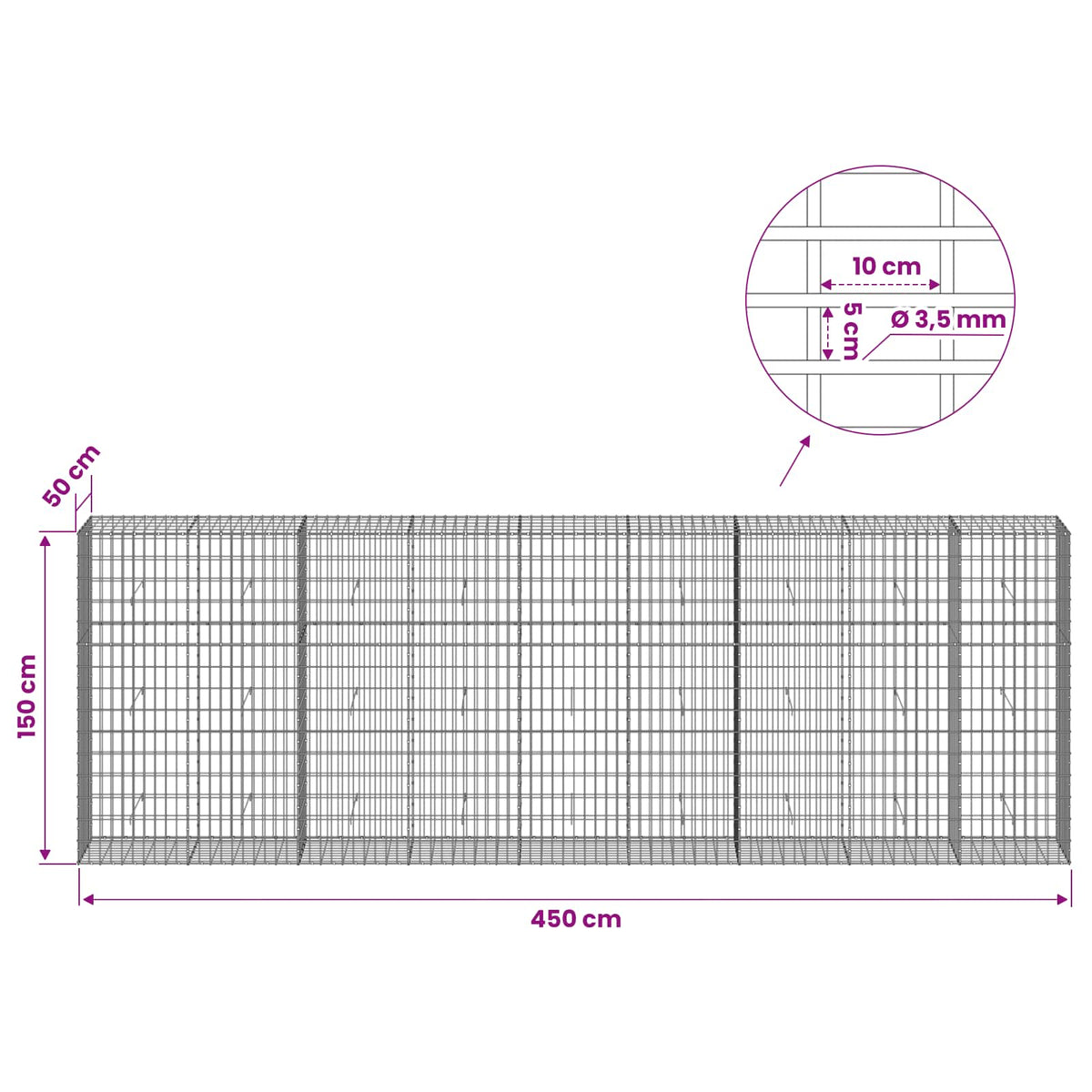 vidaXL Gabion z drutu 3,5 mm i siatką 5x10 cm 450x50x150 cm