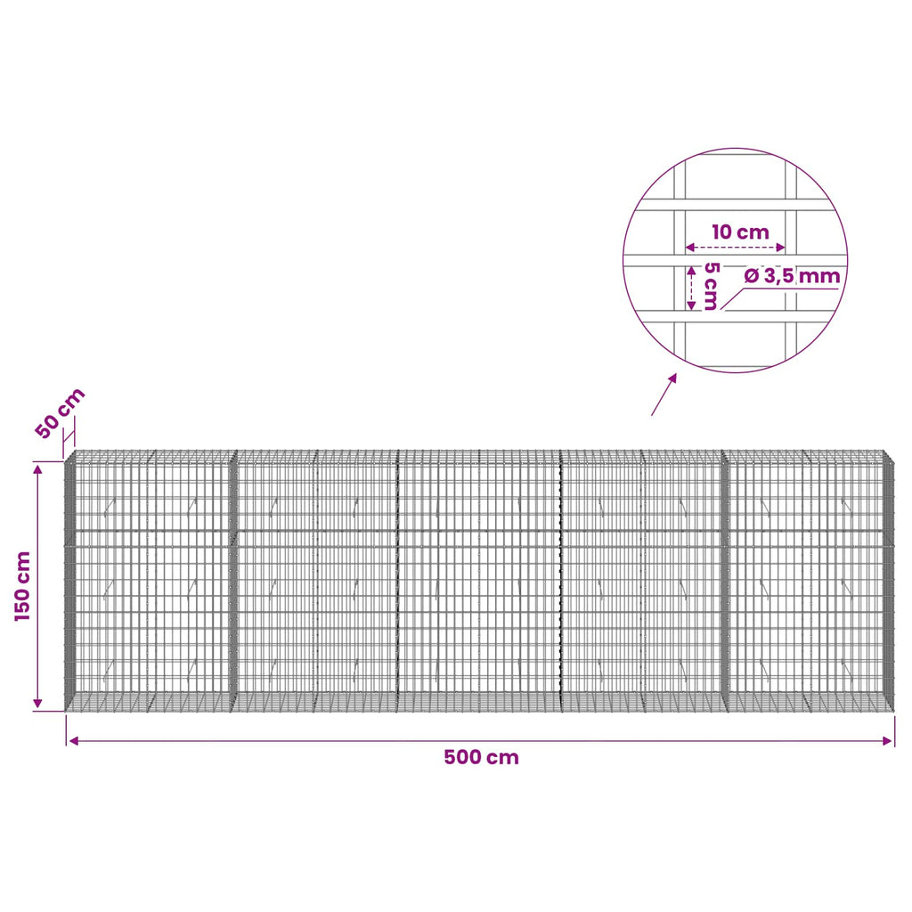 vidaXL Gabion z drutu 3,5 mm i siatką 5x10 cm 500x50x150 cm