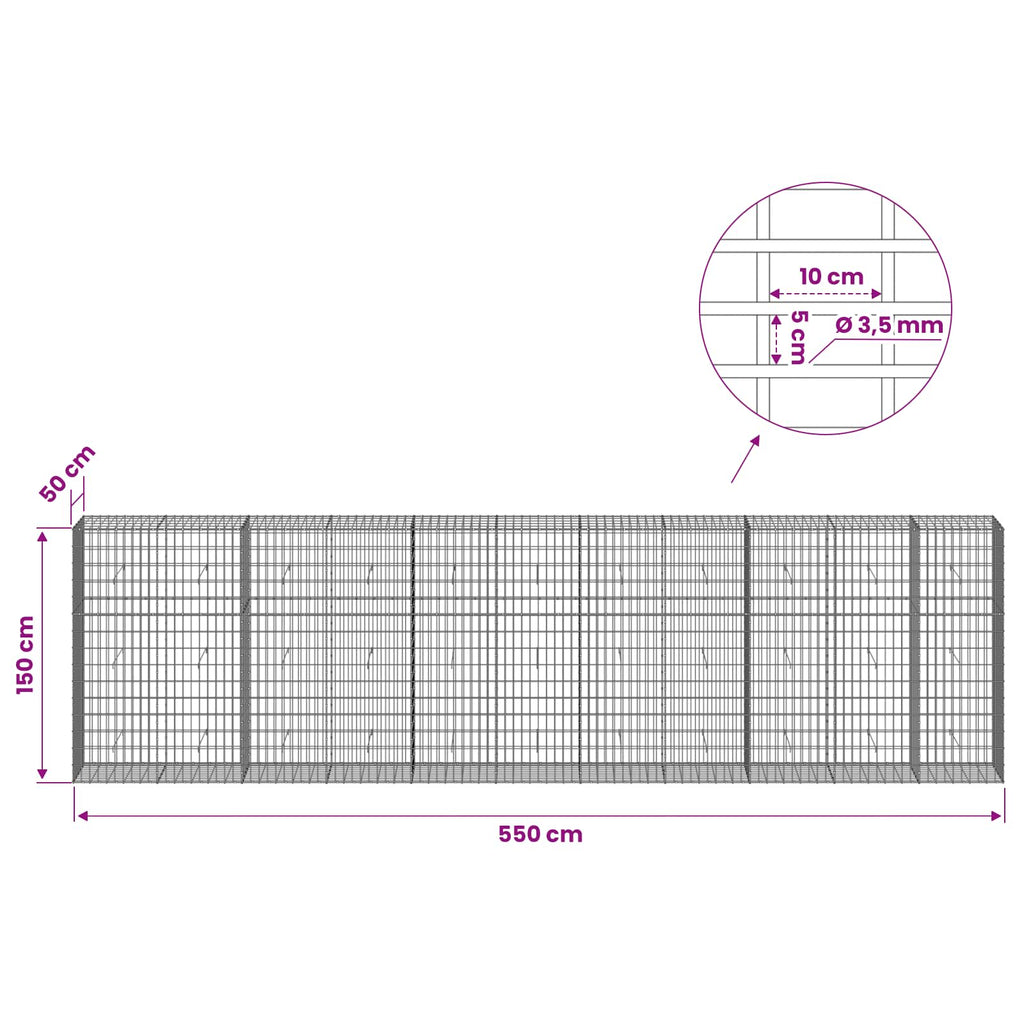 vidaXL Gabion z drutu 3,5 mm i siatką 5x10 cm 550x50x150 cm